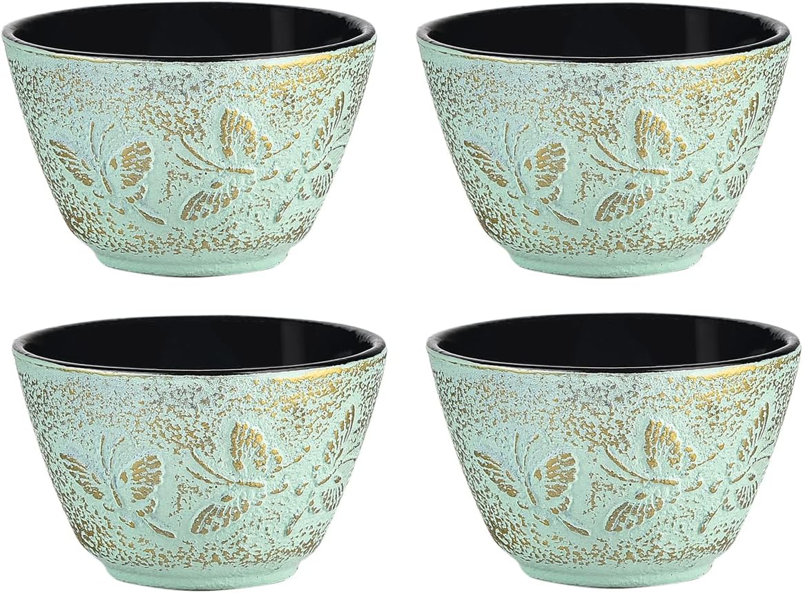 Sungmor Cast Iron Teacups - Set of 4 & 5 Ounce Japanese Style Tea Cups - Heavy Weight Green Butterfly Teacups - Coated with Enameled Interior Vintage Teacups for Households, Offices, Tea House