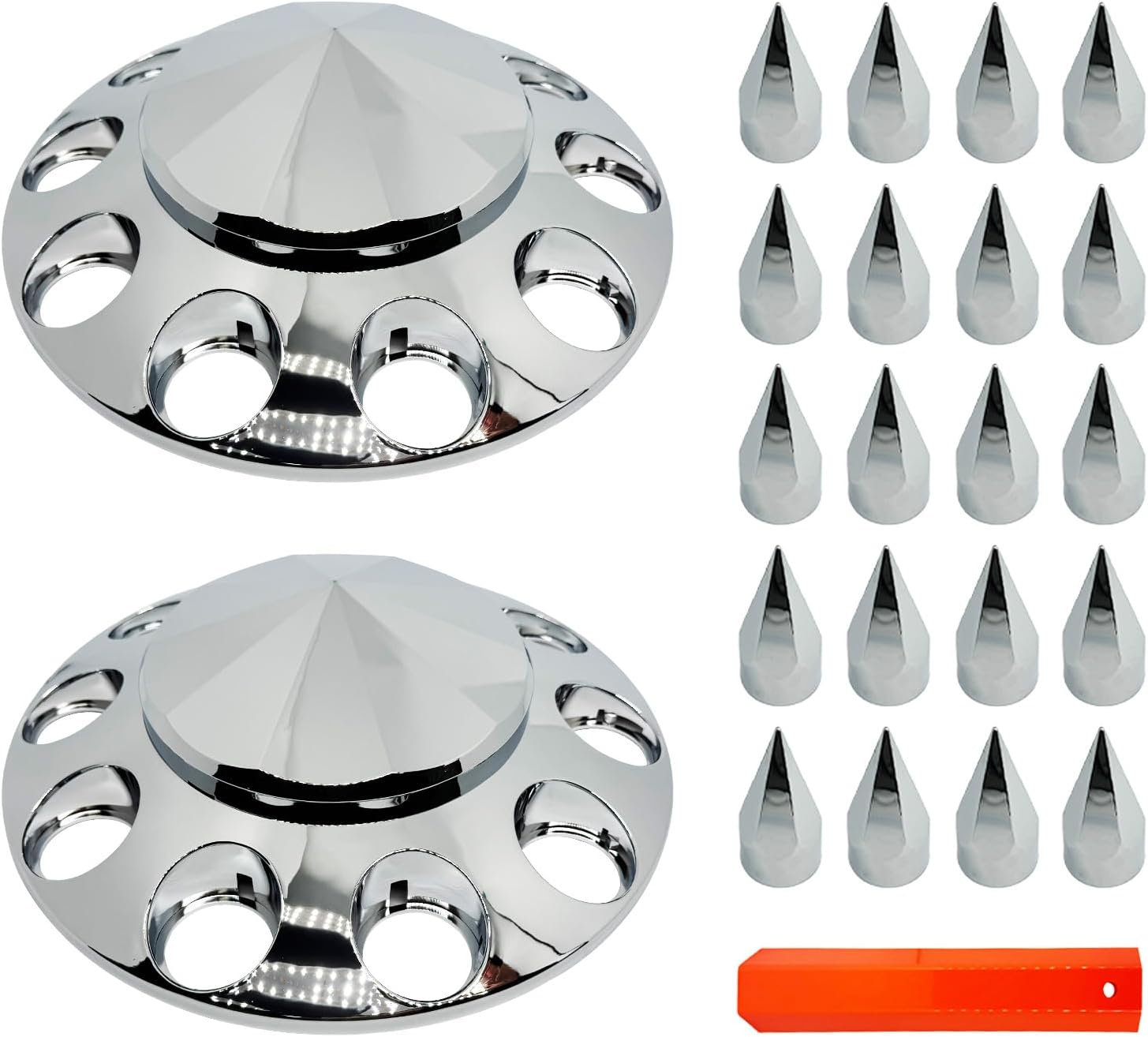 Front Axle Cover Combo Lug Nut Covers Wheel Covers Kits for Semi Truck Hubs w/Screw-On 33mm Lug Nut, ABS Plastic Chrome Plated, 10 Hole Removable Caps, 2Pcs (Installation Tool Included)