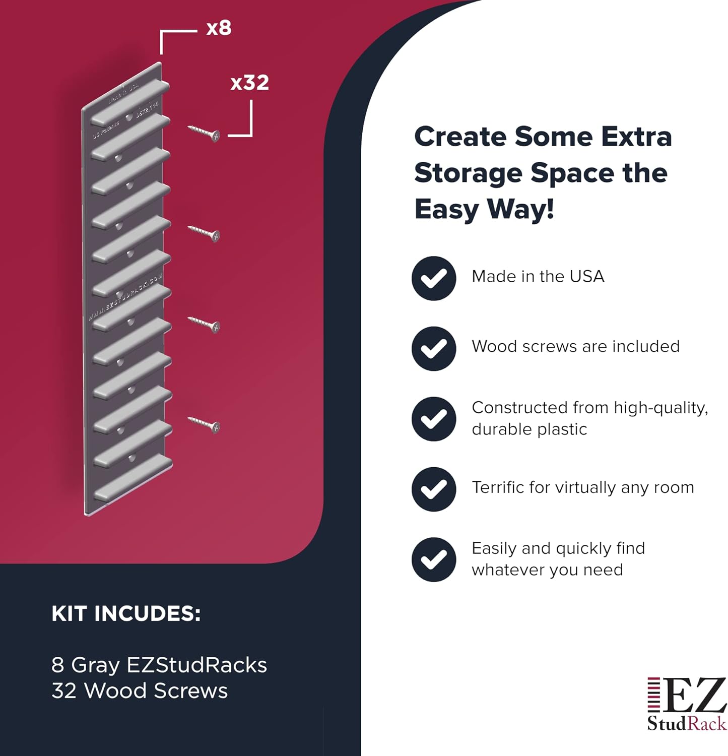 EZStudRack Shelf Bracket - Shelf Brackets for Wall - Wall Mount Shelf - Floating Shelf Hardware - Shelving Brackets for Home - Garage Shelf Brackets - Wood Not Included - 8 Pack (4 Pair) Gray : Tools & Home Improvement