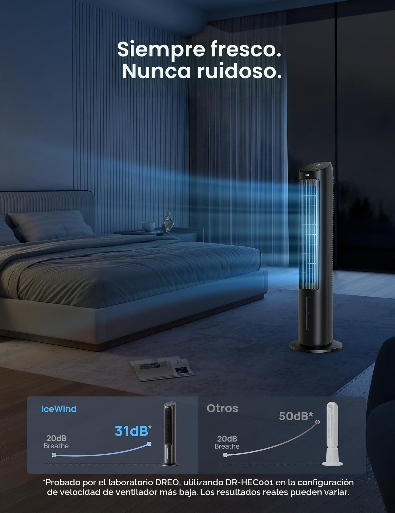 Dreo - Ventilador de torre para recámara, enfriador de aire evaporativo de 40 pulgadas, ventiladores de refrigeración que soplan aire frío con oscilación de 80°, tanque de agua extraíble, 3 modos de 4