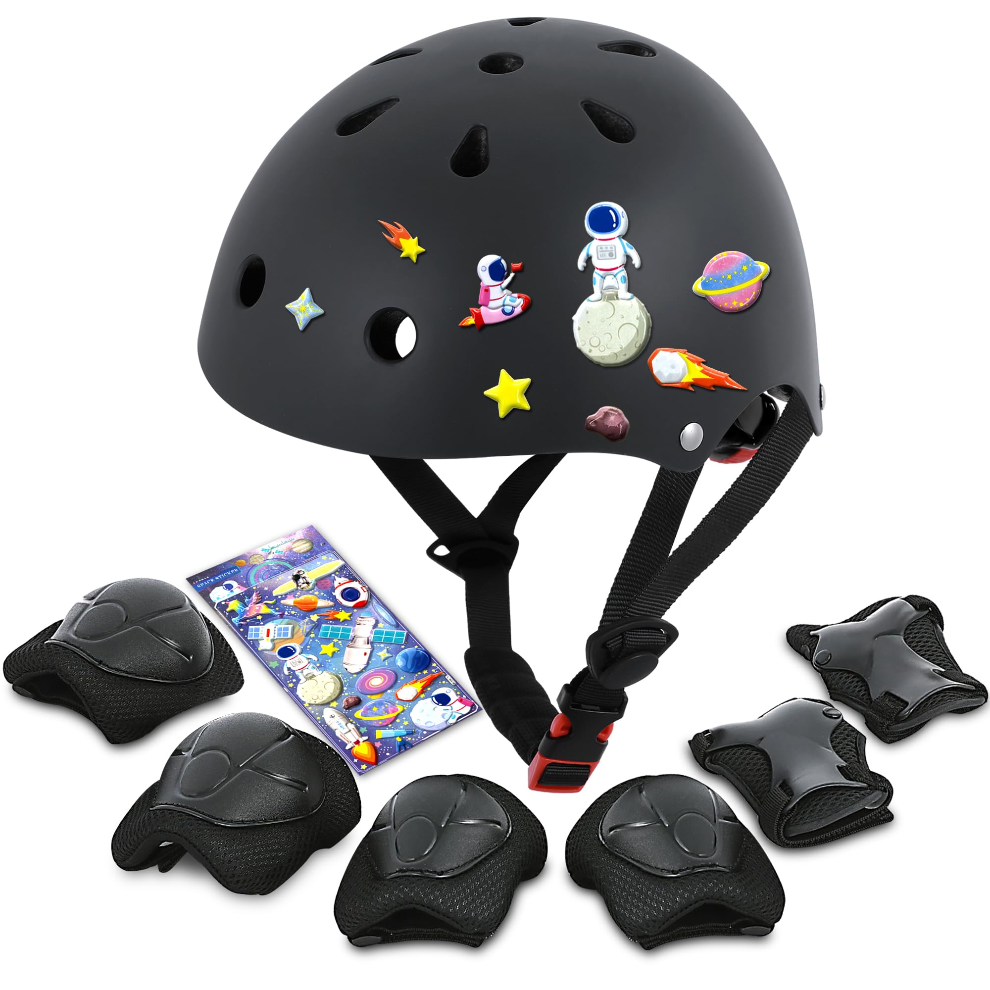 DINILEMU Kids Bike Helmet with DIY Stickers and Knee Pads Elbow Pads Wrist Guard Set for Ages 3-8-14 Toddler Boys Girls Helmet for Roller Skates