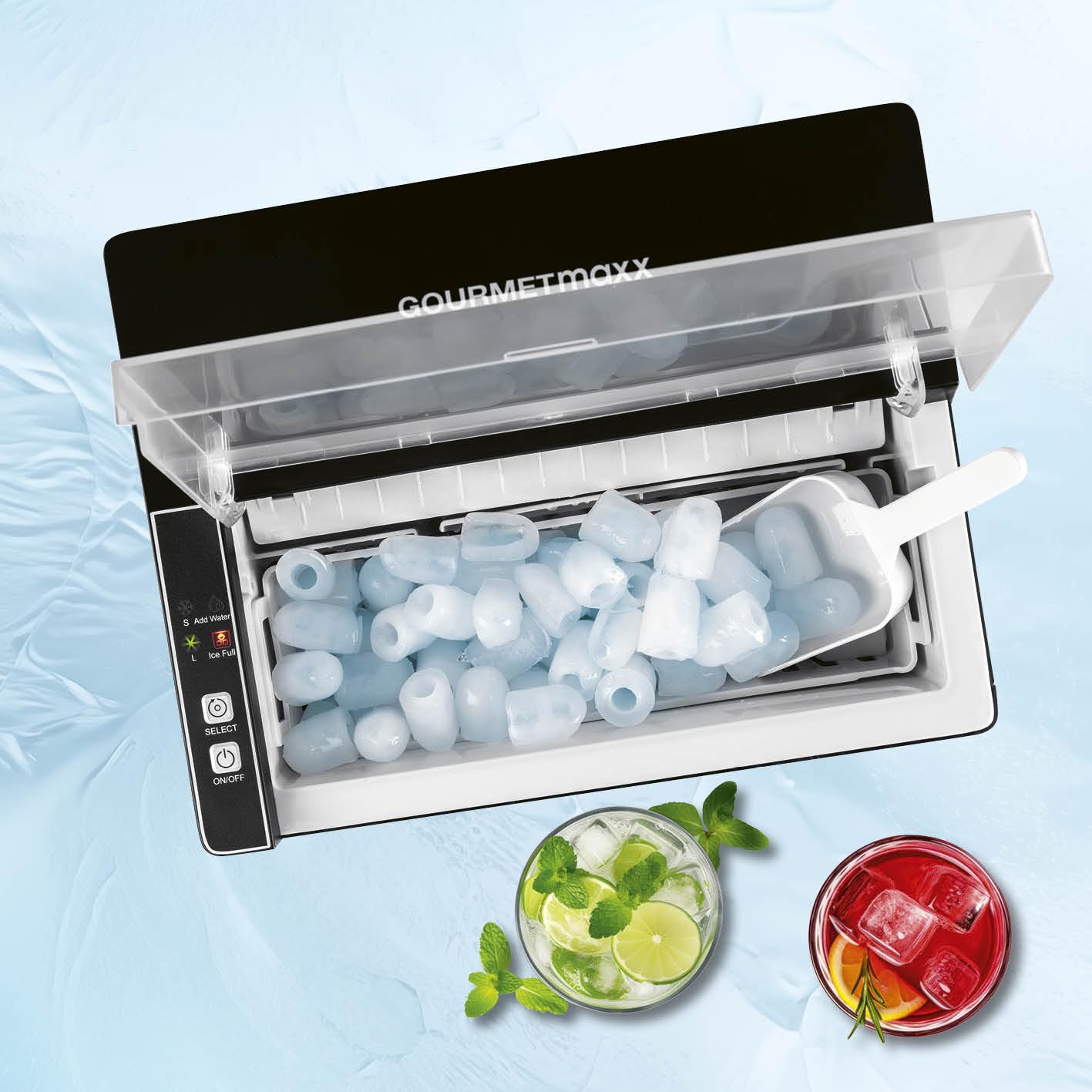 GOURMETmaxx kostkarka do lodu o mocy 150 W, na kemping i do współpracy, nie wymaga podłączenia wody, domowa kostkarka do lodu, w zestawie z pojemnikiem na odpady i łopatką do lodu, 12 kg dziennie