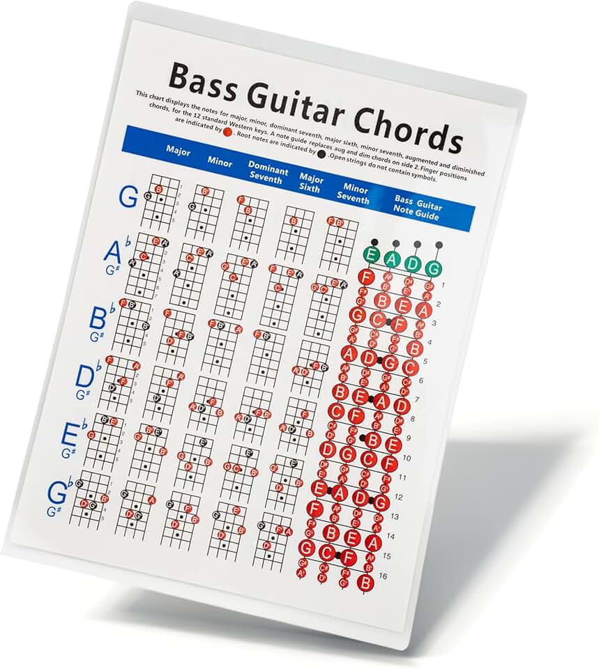 Tabela de acordes para baixo - A melhor ferramenta de treinamento de contrabaixo de acordes de guitarra de 4 cordas para iniciantes, adultos, crianças, entusiastas da música - Material de música