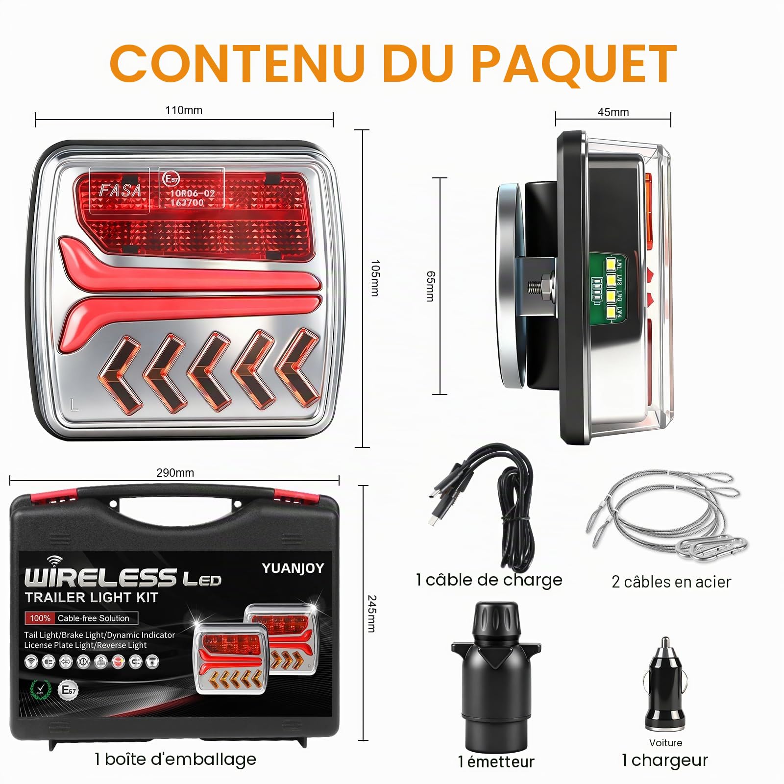 Ensemble De Feux Arrière LED Magnétiques Sans Fil Pour Remorque, Feux Arrière Dynamiques 12V Sans Câble, Feux De Remorque Étanches Avec Homologation E Pour Camions, Bateaux Et Camping-Cars