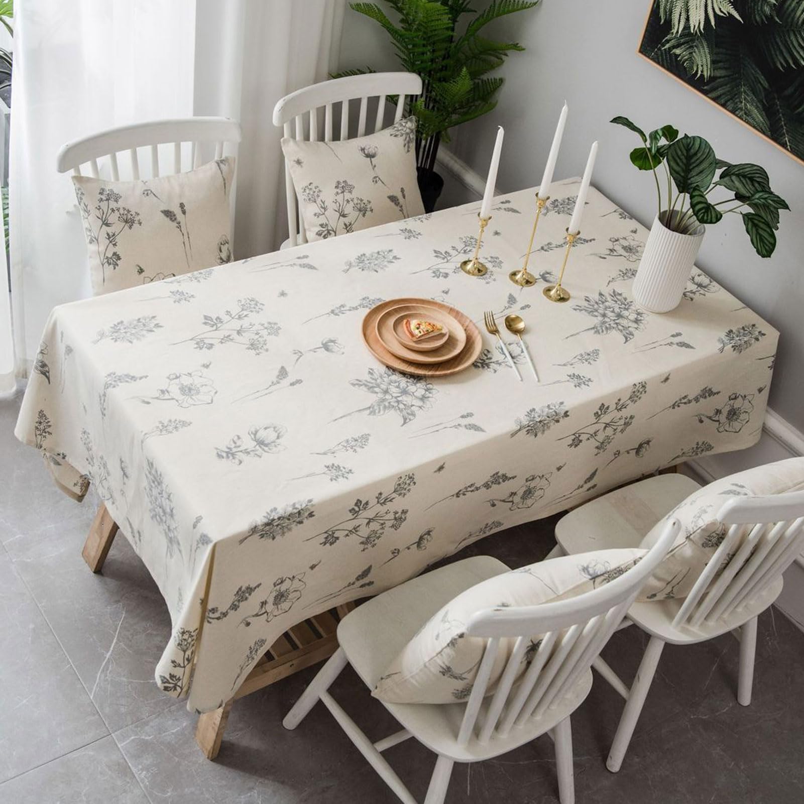 Mantel de Lino de Algodón, Mantel Rectangular con Estampado Floral Estilo Boceto, Manteles Antimanchas Beige, Manteles de Mesa Modernos de Tela para Mesa de Cocina (B 140x300cm)