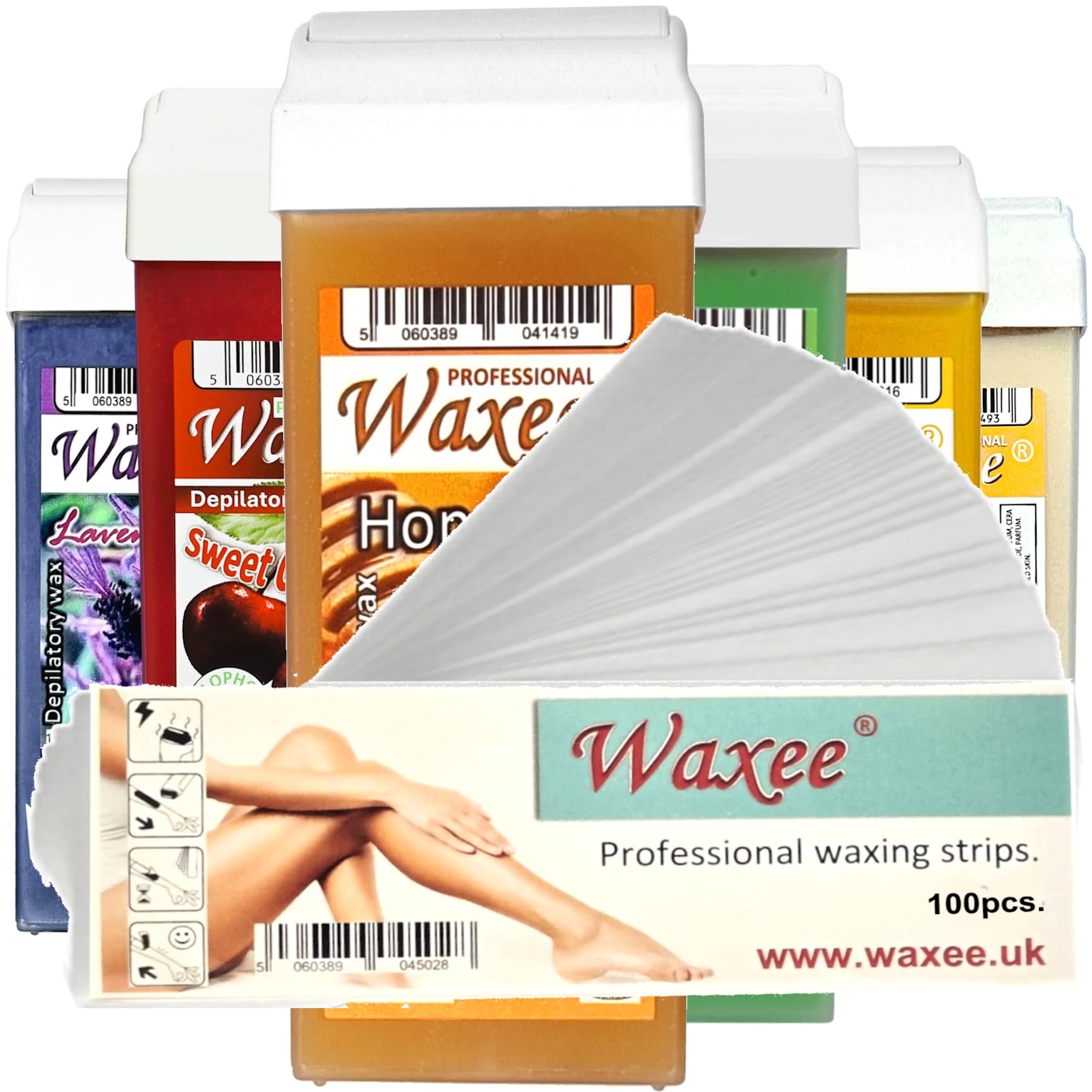 6x 100ml roll-on wax roller wax cartridge refill + 100 waxing strips from UK brand Waxee! (Pink) — view 9