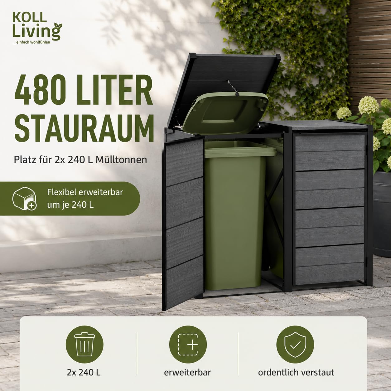 Koll Living Mülltonnenbox Hide Away | 480 Liter, flexibel erweiterbar | Stahlrahmen | mit Gasdruckfedern | Anthrazit | naturgetreue Holzoptik | wetterfest & wartungsfrei | belüftet