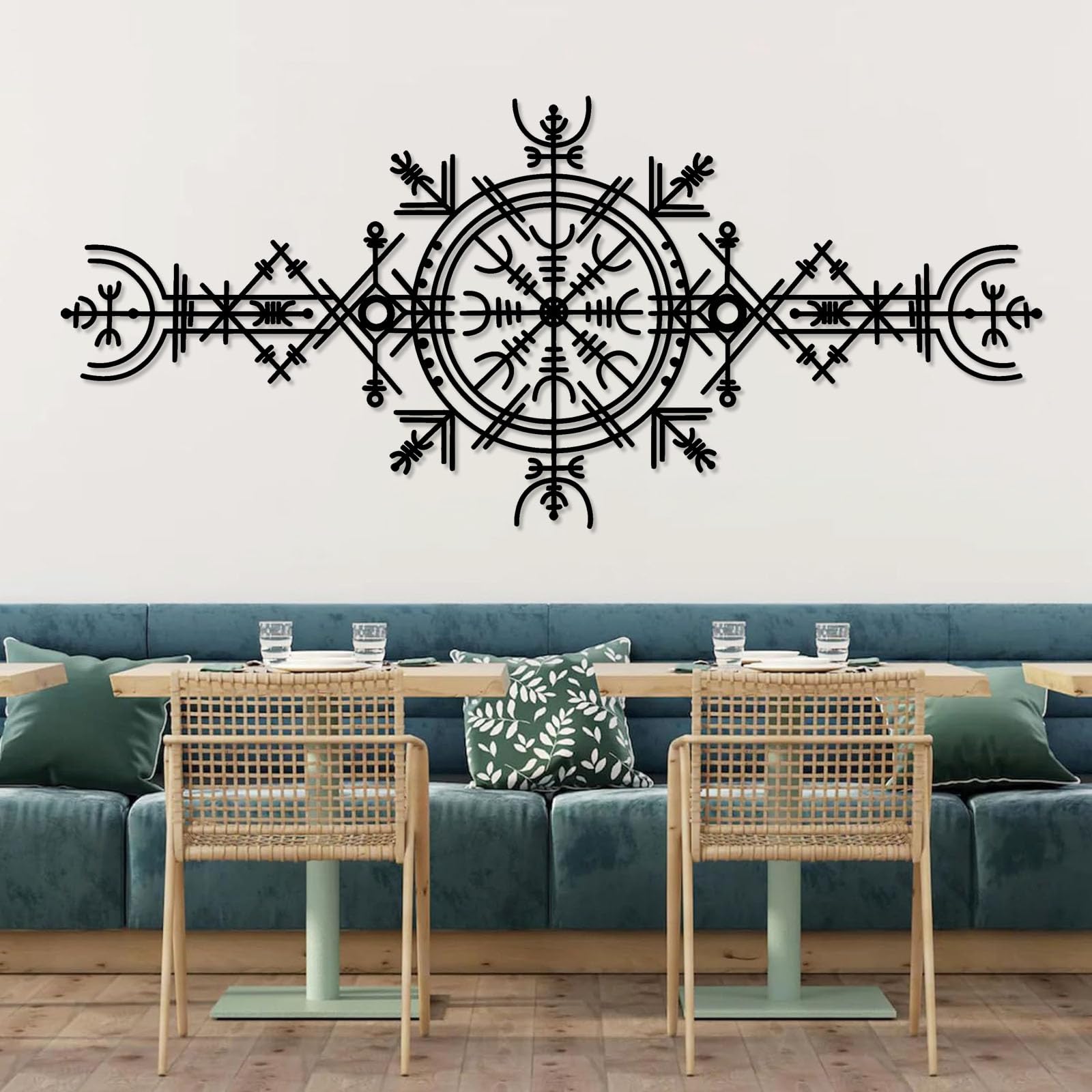 Współczesna abstrakcyjna metalowa dekoracja ścienna, dekoracja wikingów, sztuka Vegvisir, znak staronordycki, koło runiczne z Mjölnir (60 x 135 cm, czarna)