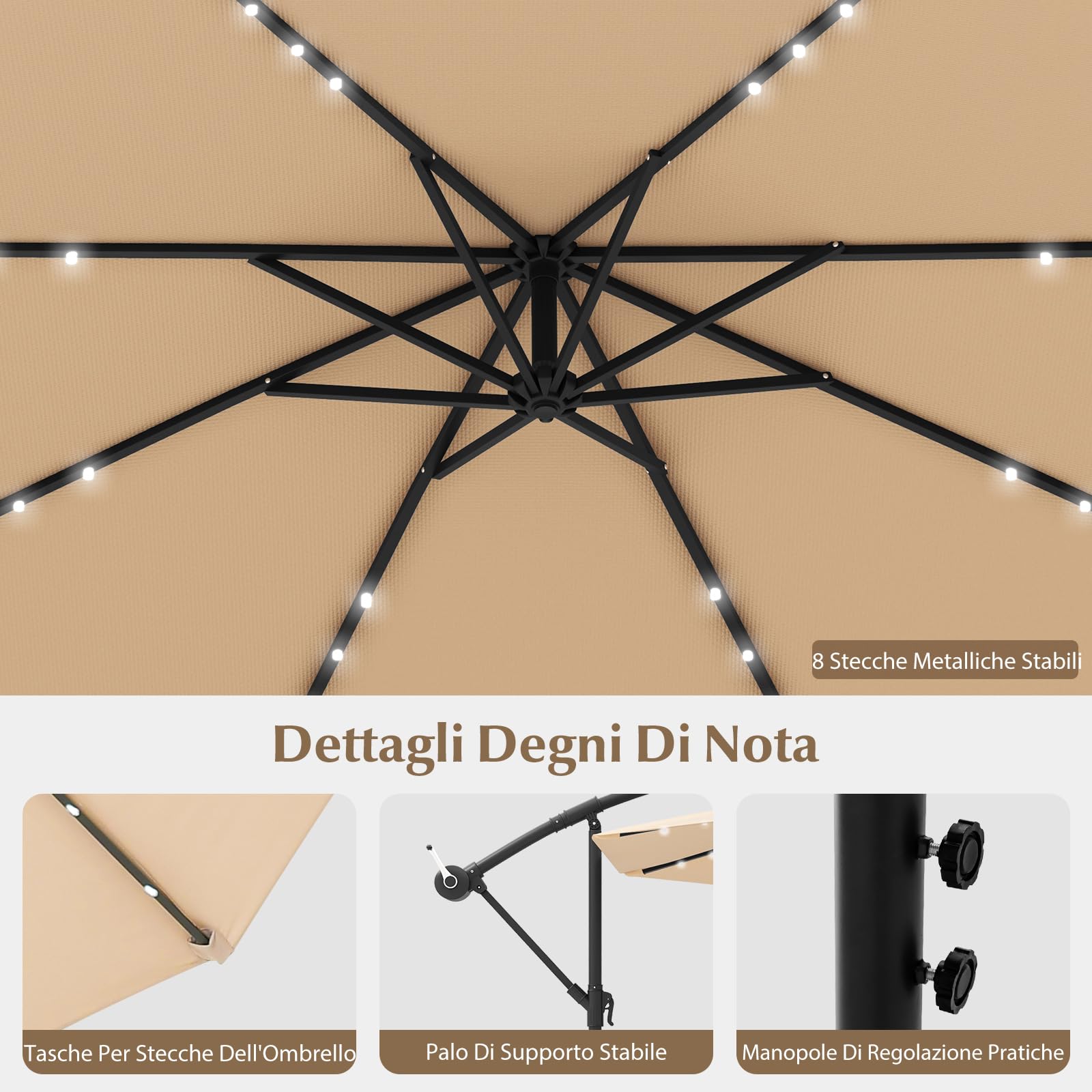 GYMAX Ombrellone da Giardino 3x3 M con 40 Luci LED Solari, Ombrellone da Esterno con 2 Sacco di Sabbia, con Altezza Regolabile, con Manovella, Giardino Patio Terrazzo Caffetteria Ristorante