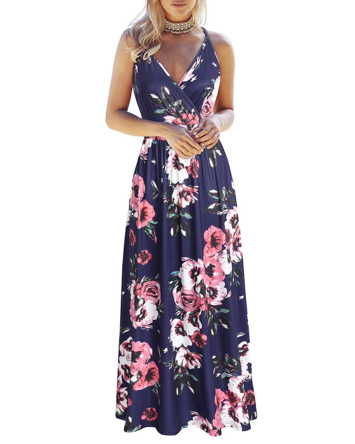 VOTEPRETTYWomens V Neck Wrap Spaghetti Strap Summer Casual Beach Floral Pockets Maxi Dress