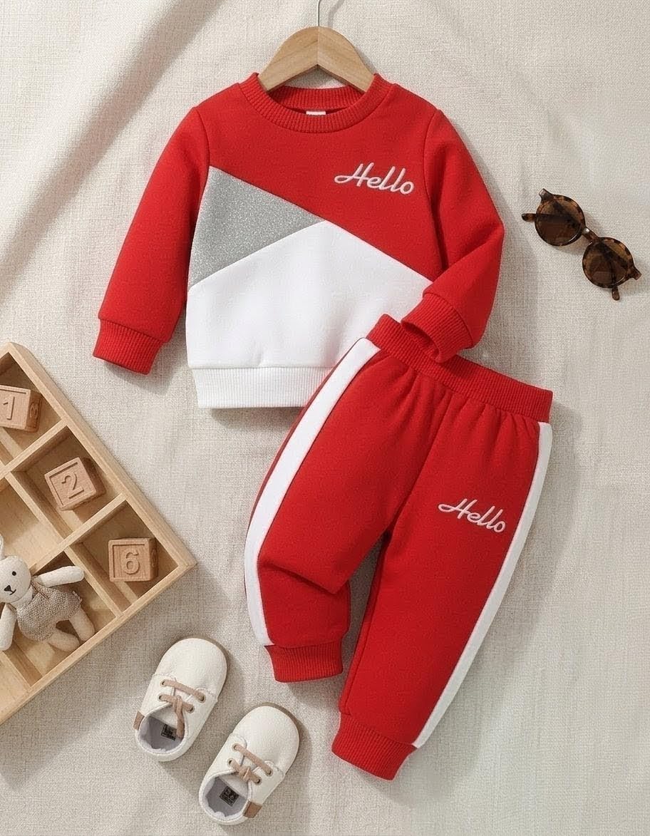 Kids Unisex Tracksuit Set, Red & White Colour Block Sweatshirt with Jogger Pants, Hosiery Cotton, Long Sleeves, Round Neck-image-11