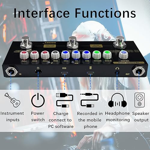 Miniatura 10 de HOEREV Pedal de guitarra multiefectos, retardo, fase de reverberación, coro, distorsión, sintonizador de sobremarcha, pedal de efectos múltiples