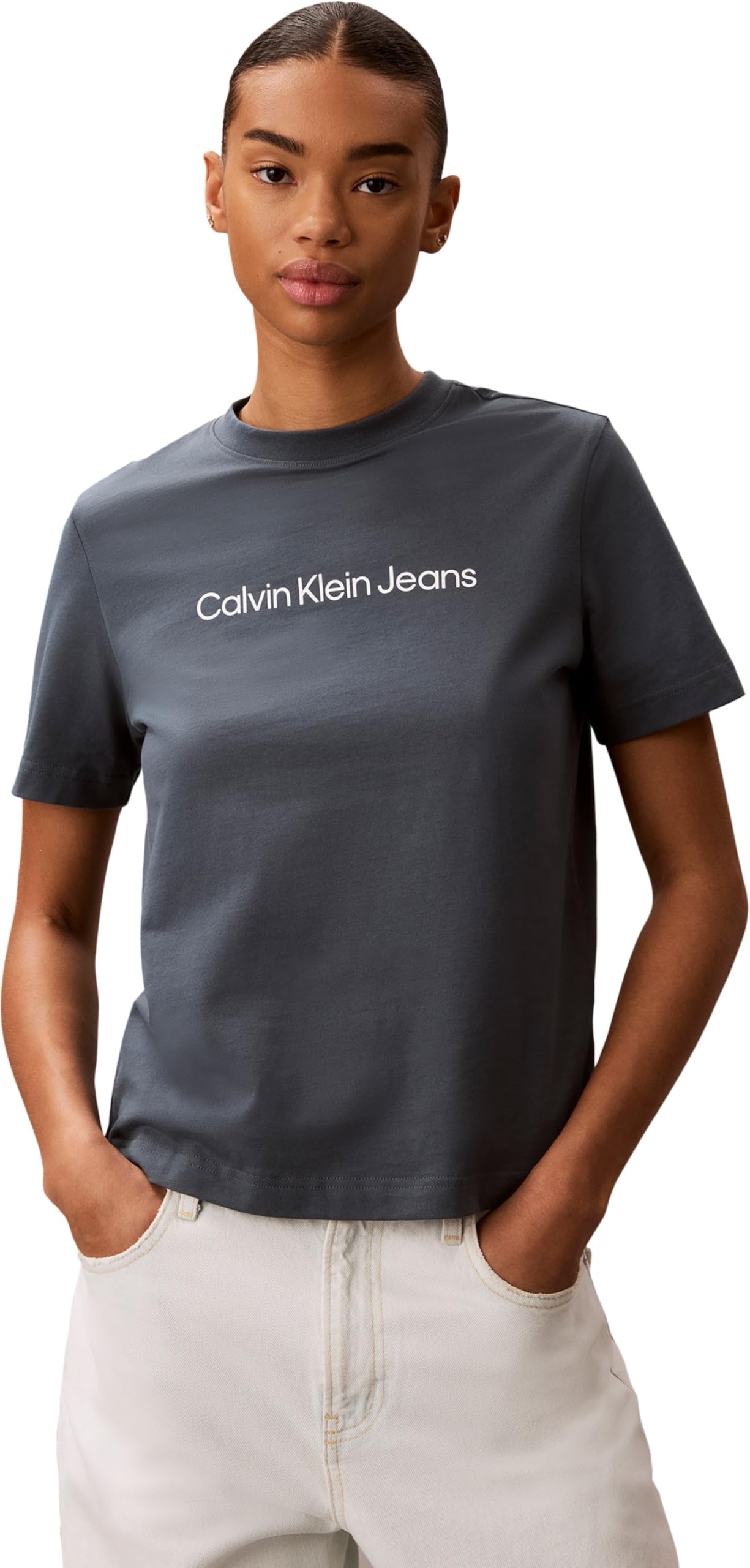 Calvin Klein Damen T-Shirt Kurzarm Logo Classic Regular Fit, Grau (Dark Slate), L