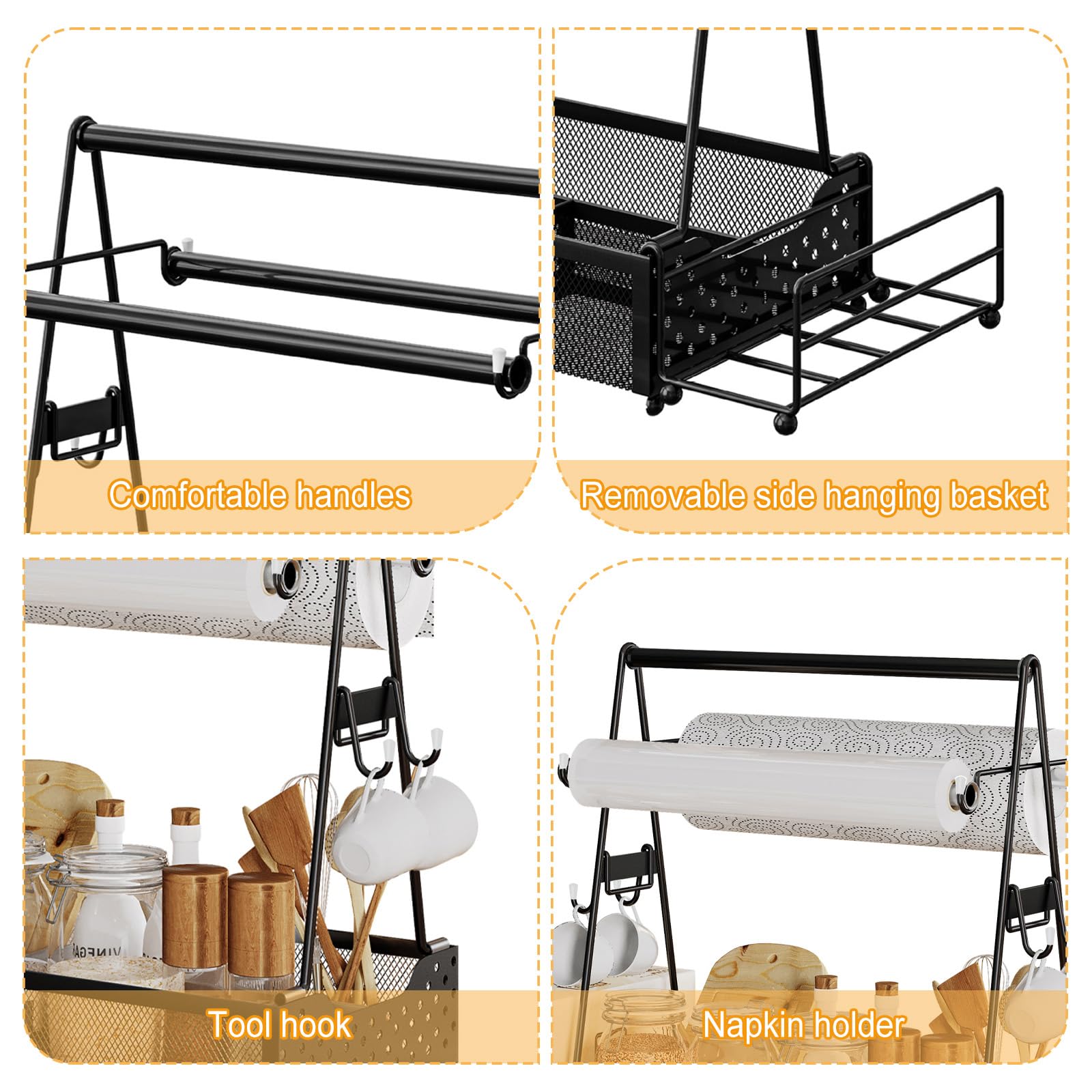Grill Caddy, contenitore per utensili da barbecue, con porta asciugamani di carta e 4 ganci, in metallo, accessori da campeggio, organizer per cucina all'aperto