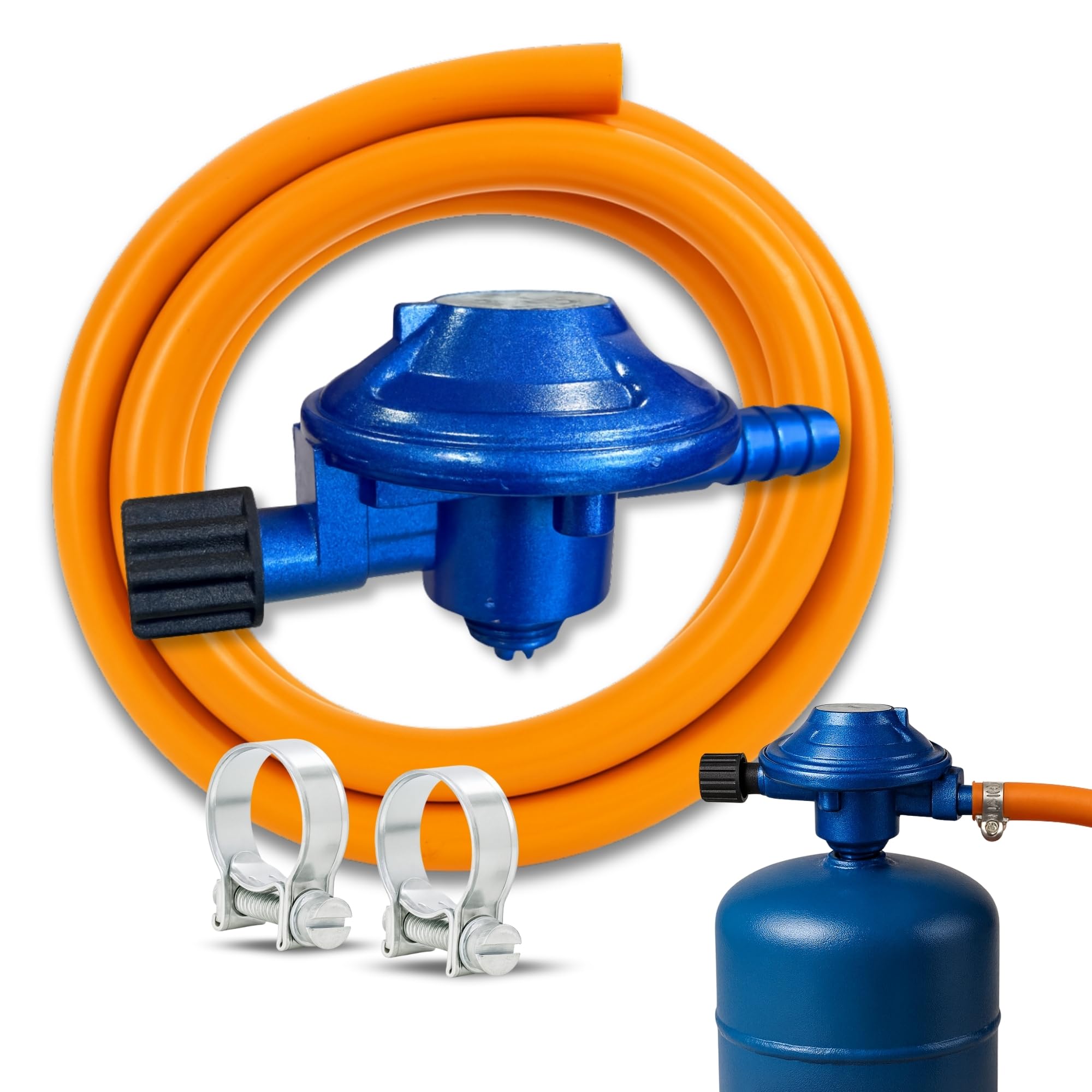 TECHZOCO Kit Completo butano para bombona de butano de Camping + Tubo Goma 1,5 Metros + 2 Abrazaderas Seguridad, Homologado,Apto para aparatos de Gas para Camping, barbacoas y Calentadores