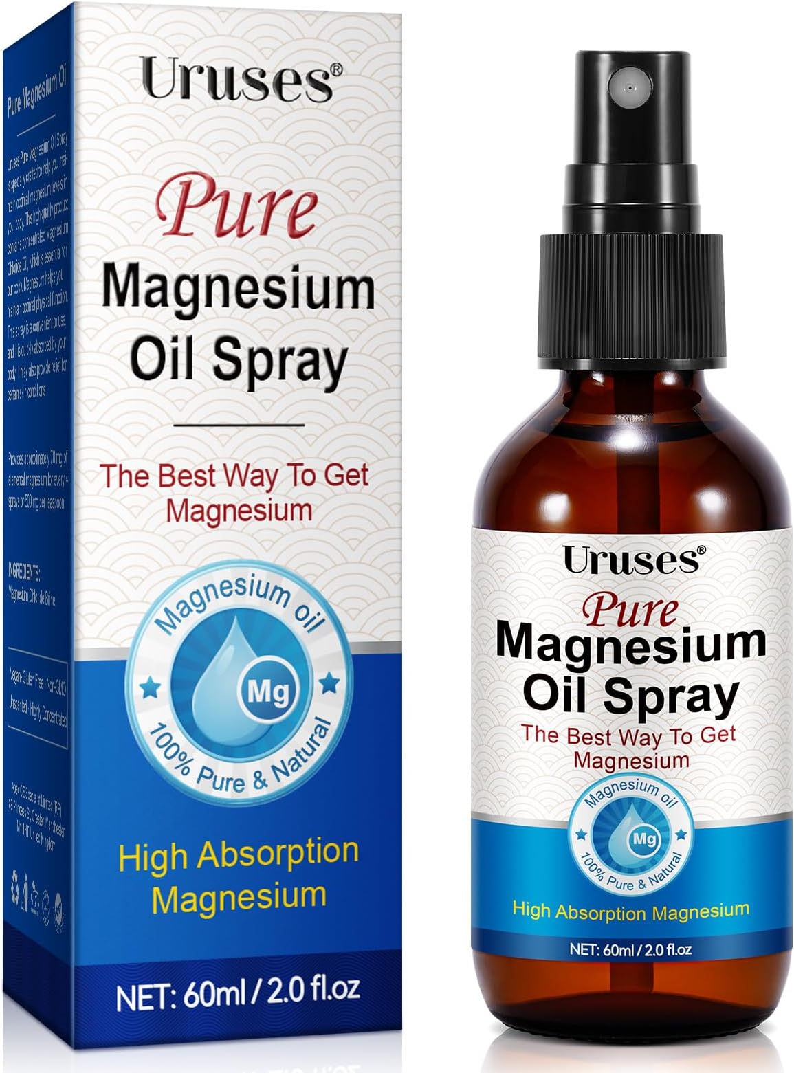 Pure Magnesium Oil Spray, Magnesium Spray 100% Natural Ultra Topical Magnesium Oil Spray for Feet, Supports Muscle Relaxation and Leg Cramps, Liquid Magnesium Oil Concentrate 60ML
