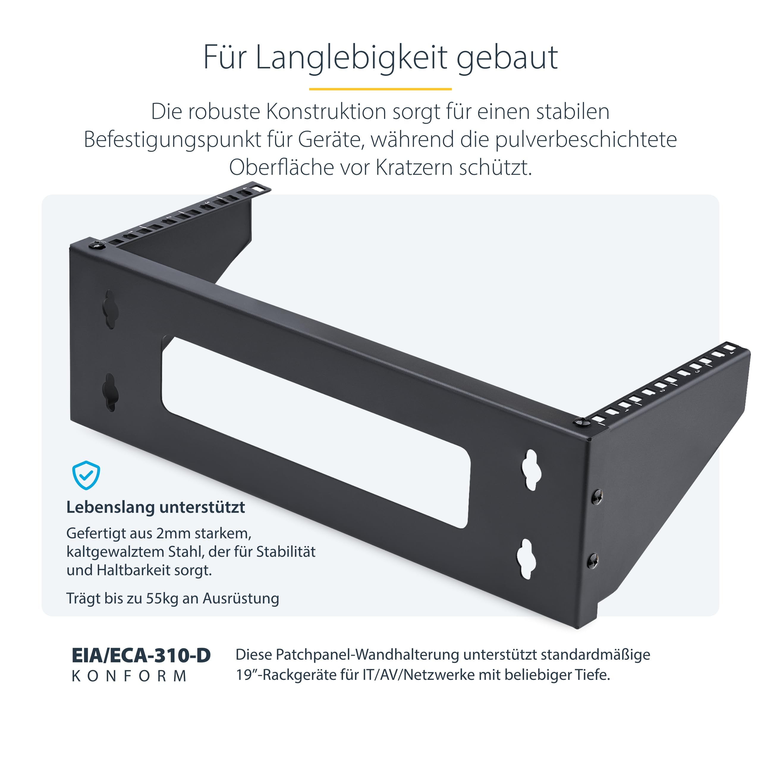 StarTech 4HE Vertikale Wandhalterung, 19 Zoll, 55kg (RK419WALLV-N) | Rack-Geräte, Patchpanels, Server, NAS, Audio Video Equipment, EIA-310, Stahl, Universal