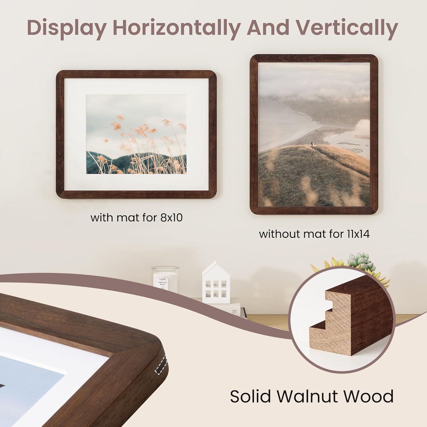 11x14 Picture Frame - Solid Walnut Wood Frame With Mat For 8x10, 11x14 Poster Frame, Plexiglas and Hanging Hardware Included, 11 By 14 Picture Frame Wood, Natural Walnut - Image 4