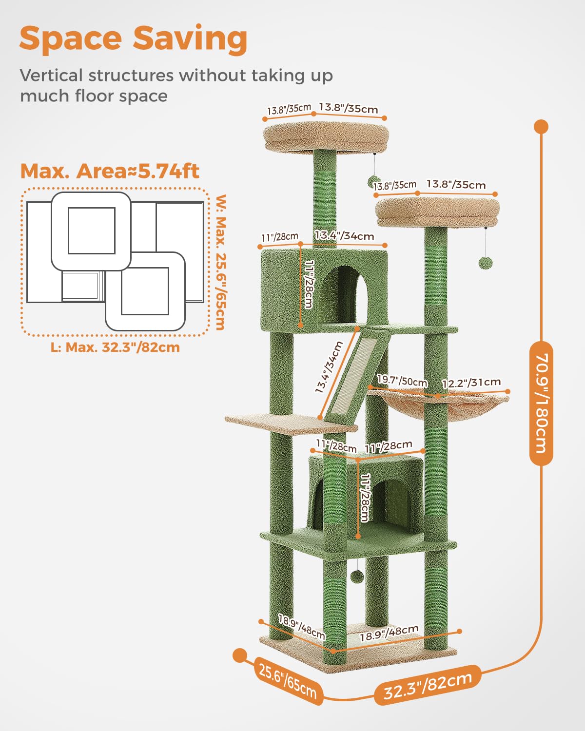 PETEPELA Albero tiragraffi cactus grande, multi-livello, per gatti di grandi dimensioni, con 6 colonna in sisal, 2 tavole, 2 piattaforme, 1 amaca, 2 palline da gioco, verde