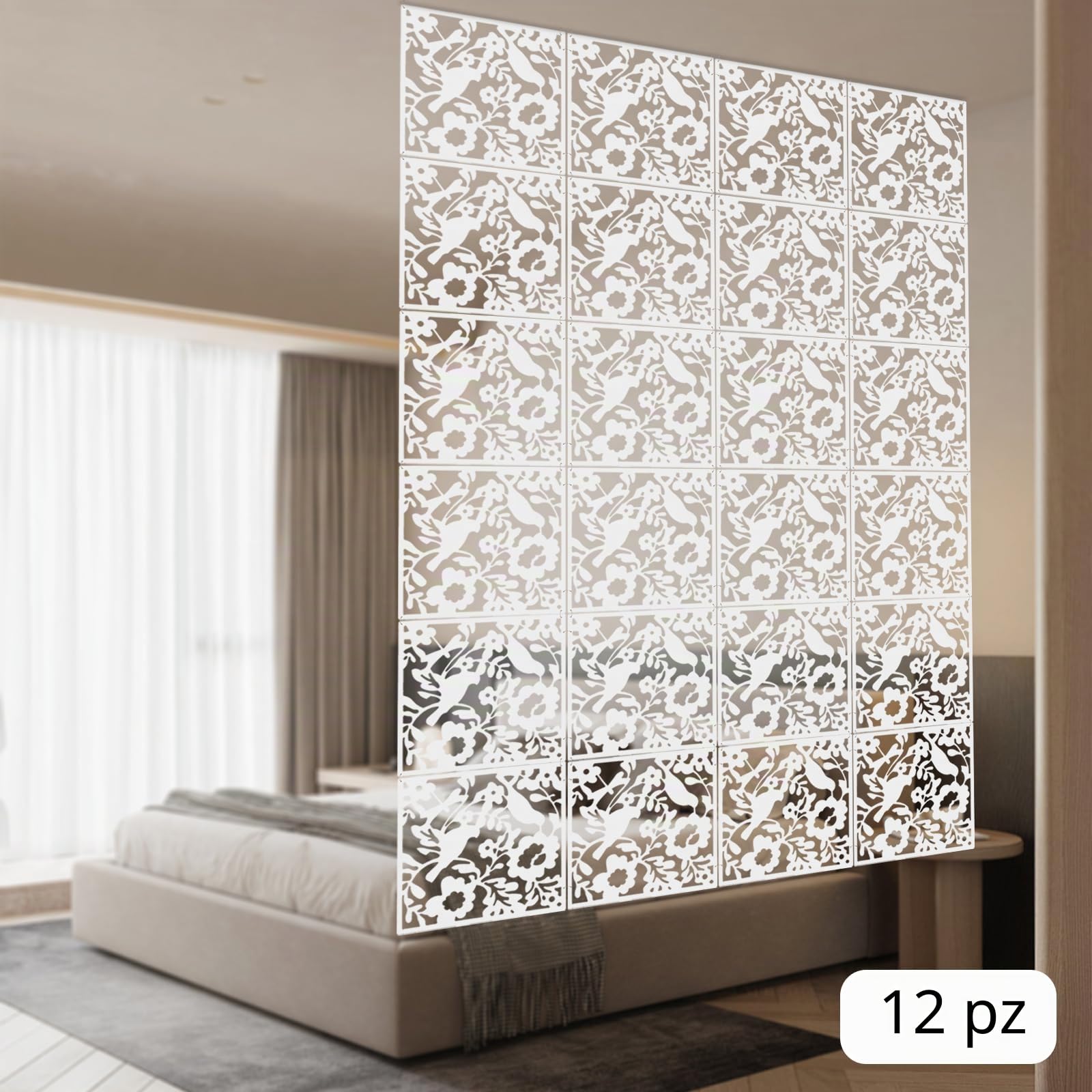 Divisore da appendere, 12 pannelli per camera/hotel, pannello decorativo da parete, 12 divisori sospesi, per camera da letto, sala da pranzo, soggiorno, ingressi, bianco, 40 x 40 cm