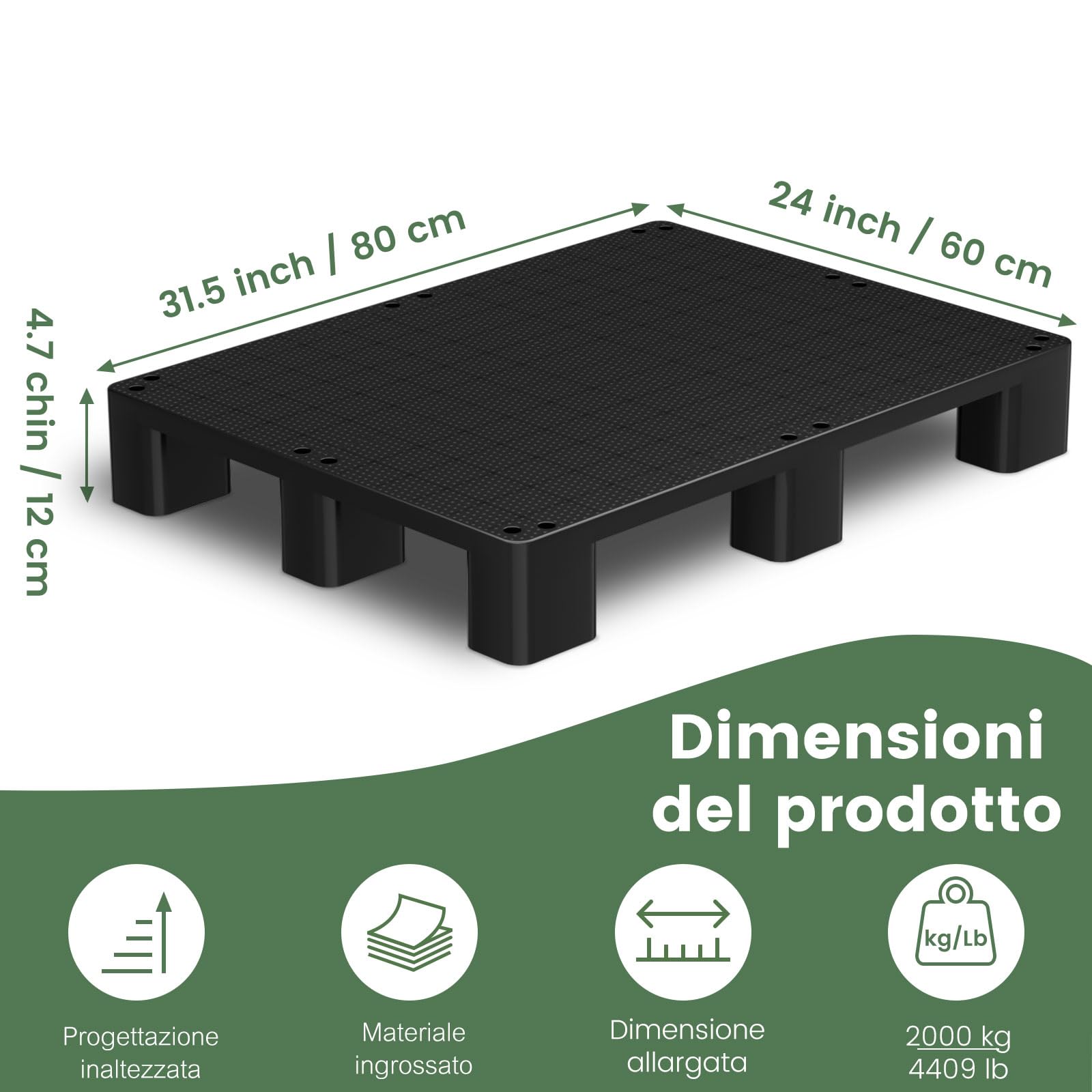VigiFront Pallet in Plastica, 80x60x12cm, per Stoccaggio in Cantina, Antimuffa, Impermeabile, Facile Da Impilare, per Interno Ed Esterno, Supermercati e Magazzini