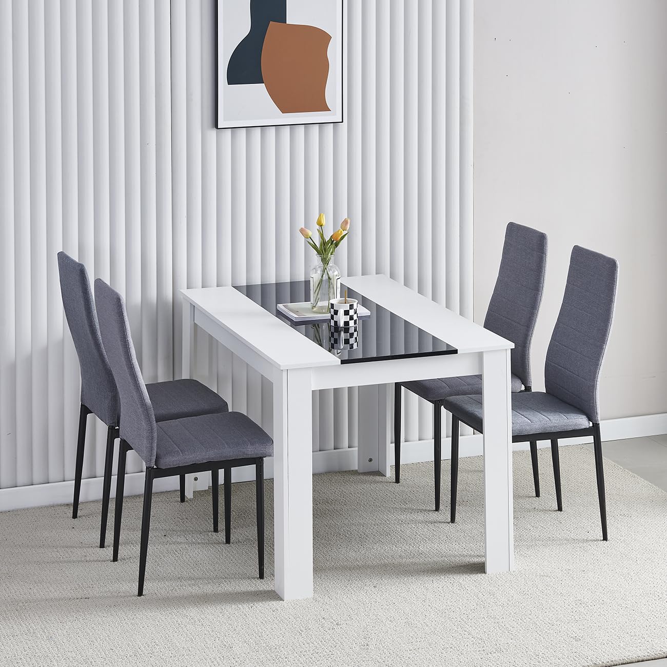 Modern White Dining Room Table and Grey Linen Fabric Chairs Set of 4 for Small Space, 5pcs Wood Kitchen Table with 4 Seats Chairs Set for Restaurant Dinette Space-saving