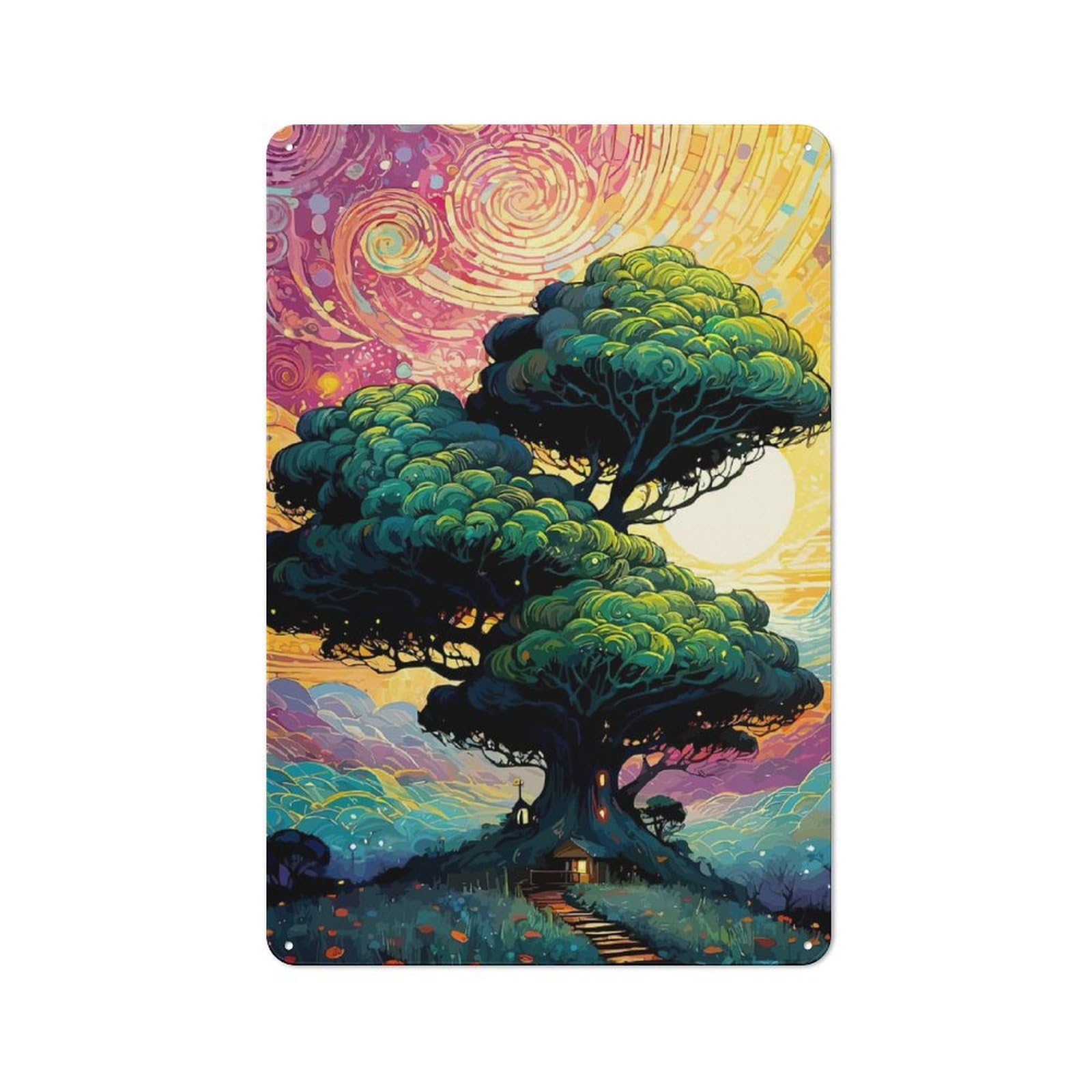 Junmoney Dreamy Treehouse Landscape Vintage Metal Sign 30X20cm, Bistro Style Shop Wall Decor For Cafe, Bistro, Bakery Or Restaurant