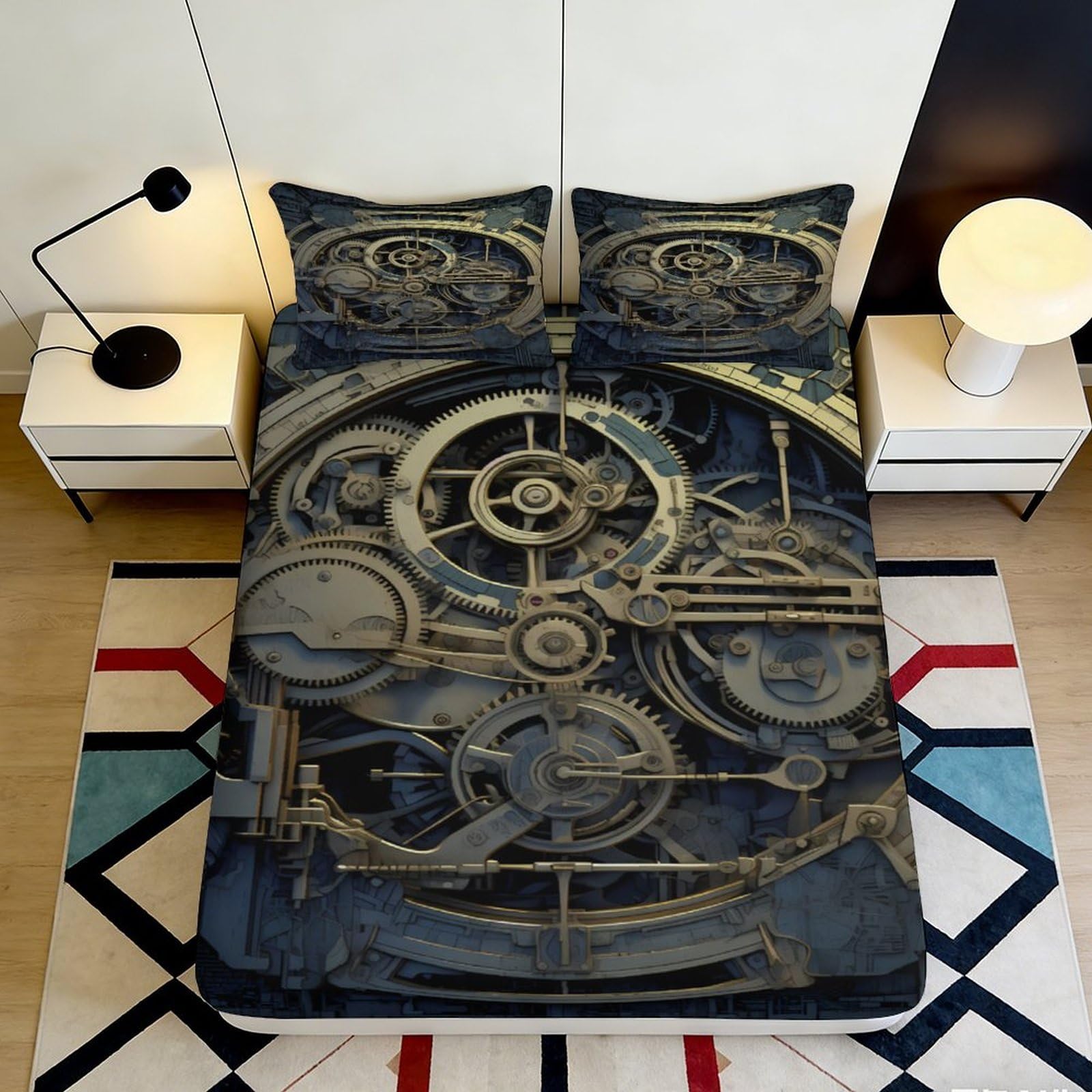 3D Printed Steampunk Gear Fitted Sheet Microfiber Soft Breathable Industrial Clockwork Mattress Cover for Bedroom Decor 120x200x25cm