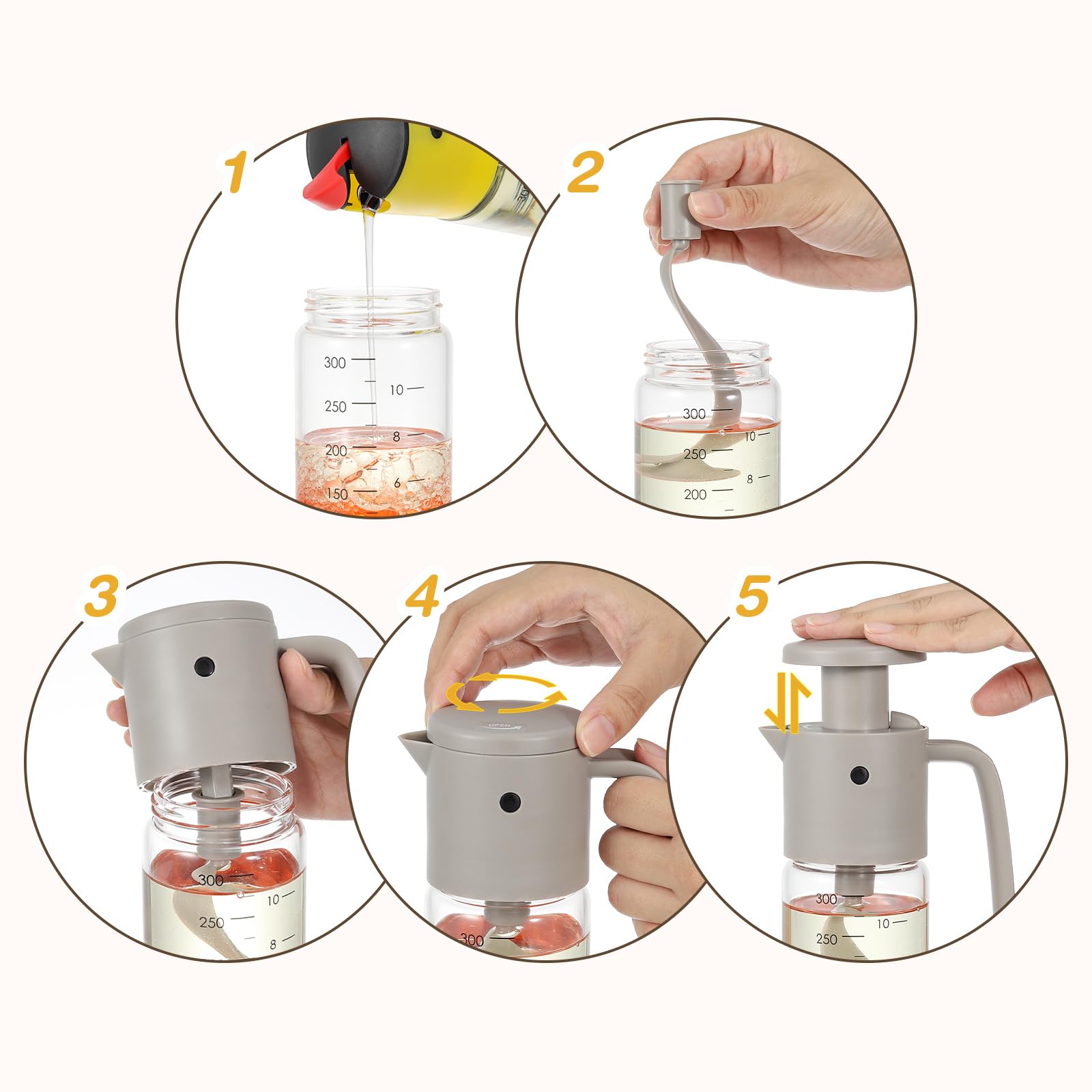 Vucchini Botella Mezcladora de Aderezo para Ensaladas de 300ml, Coctelera de Salsa de Pájaro Color Gris, Tasa de Flujo Ajustable, Apto para Lavavajillas, Adecuada para Aceite, Vinagre, Cocina