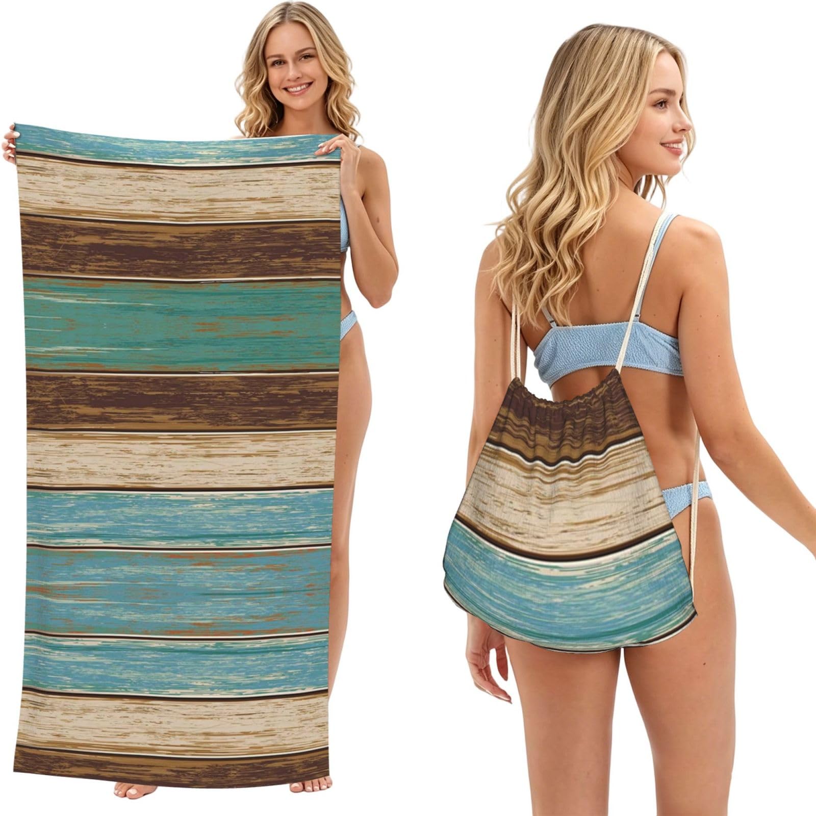ESNAIUVCD Rustic Wood Plank Print Beach Towel For Adults,Towel With Drawstring Bag, Travel Pool Swimming Sports Shower Sand Free Quick Dry Bath Towel For Pool, Beach, Yoga- 180x60cm