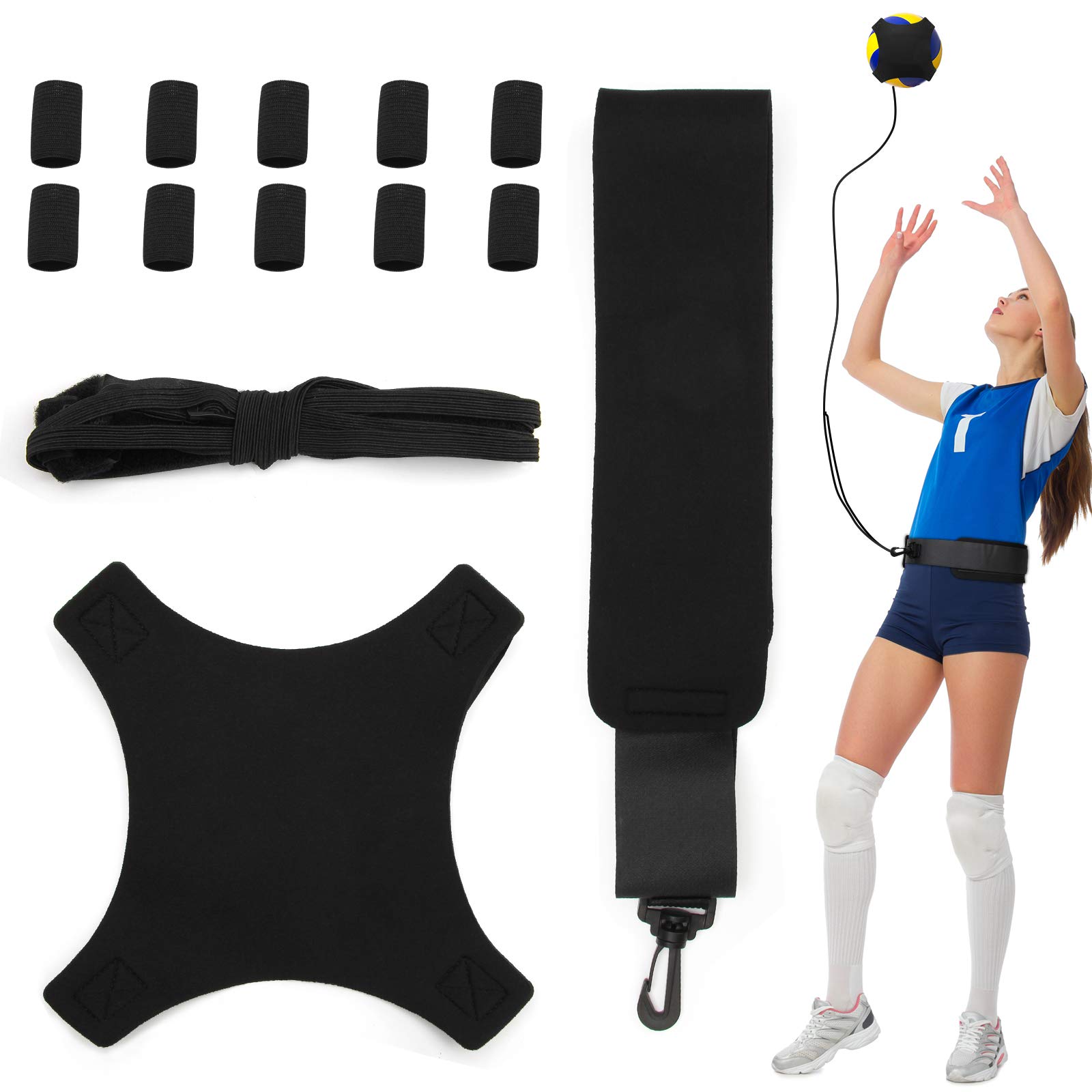 Volleyball Training Aid Soccer Practice Trainer with Adjustable Belt for Serving Setting Spiking Training, Volleyball Training Equipment Aid for Beginners and Volleyball Player with 10 Finger Sleeves