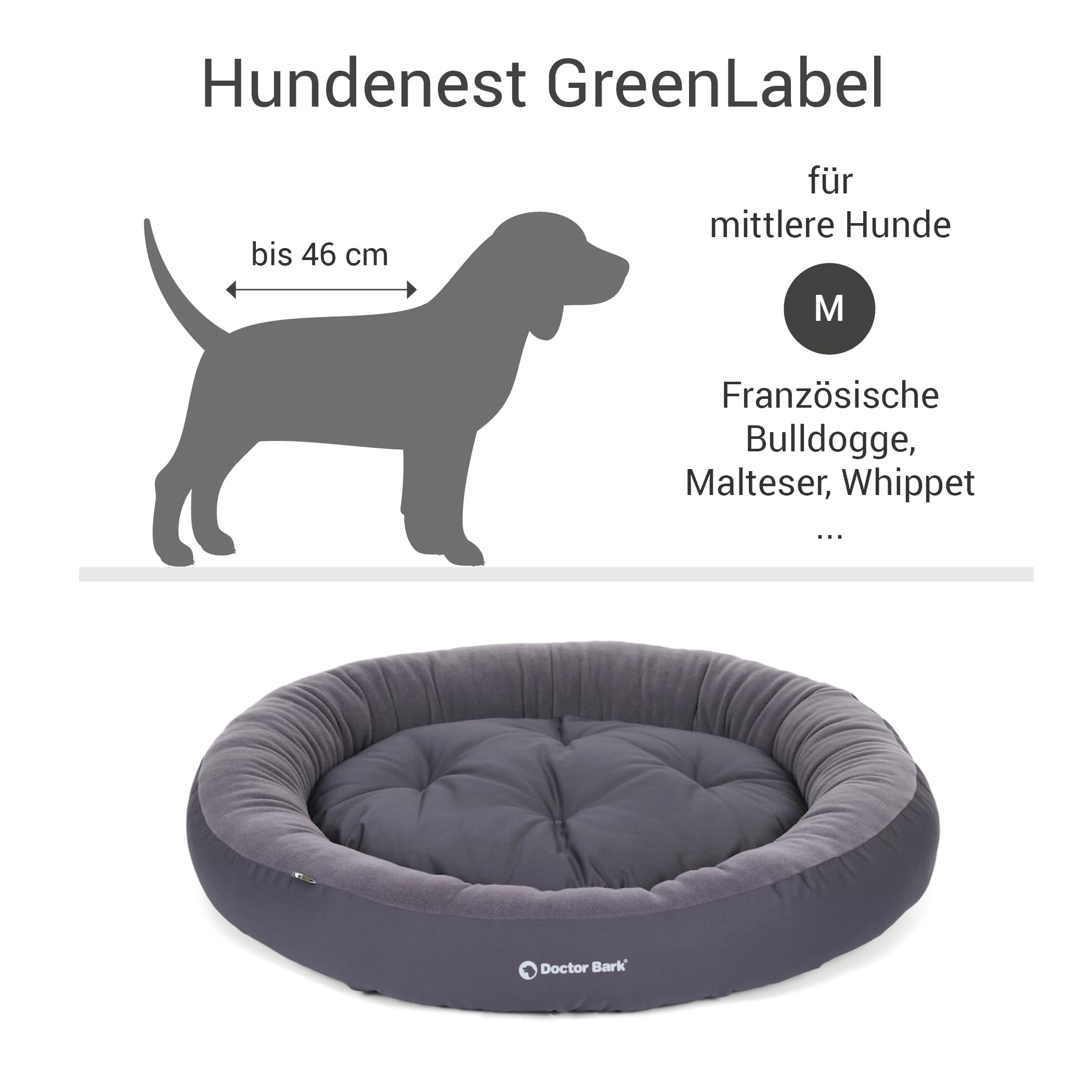 Doctor Bark Hundekorb Mittelgroße Hunde, Hundebett Weich, Rund, Flauschig - Kuscheliges Hundenest mit Wendekissen Fleece/Baumwolle - GreenLabel Hunde Bett (M - 60x50 cm, Grau)