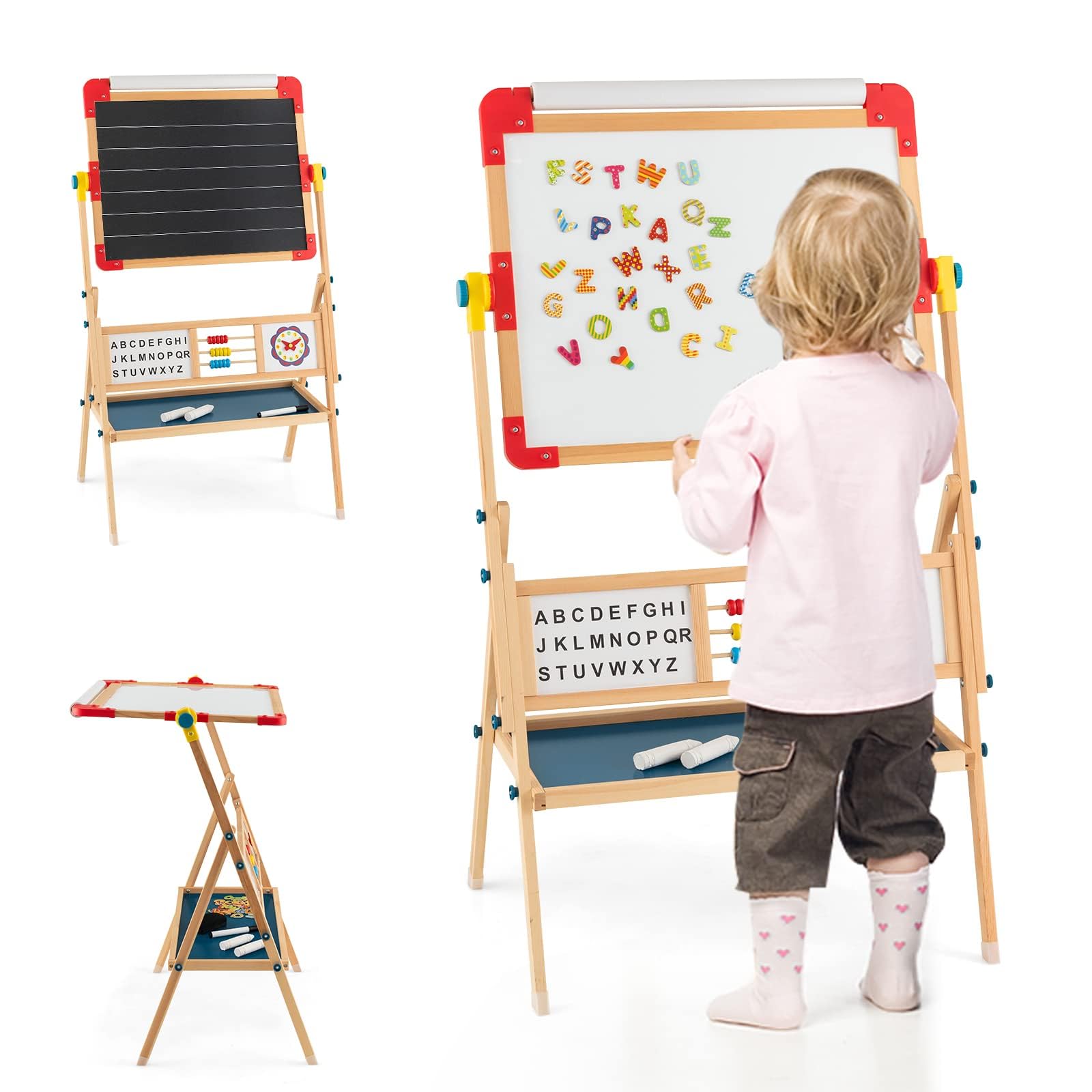COSTWAY Kindertafel 360°drehbar, Spieltafel doppelseitig mit Kreidetafel & Whiteboard, Magnettafel Holz mit Ablage, Papierrolle, Abakus, Uhr & Alphabet, Standtafel für Kinder ab 3 Jahren