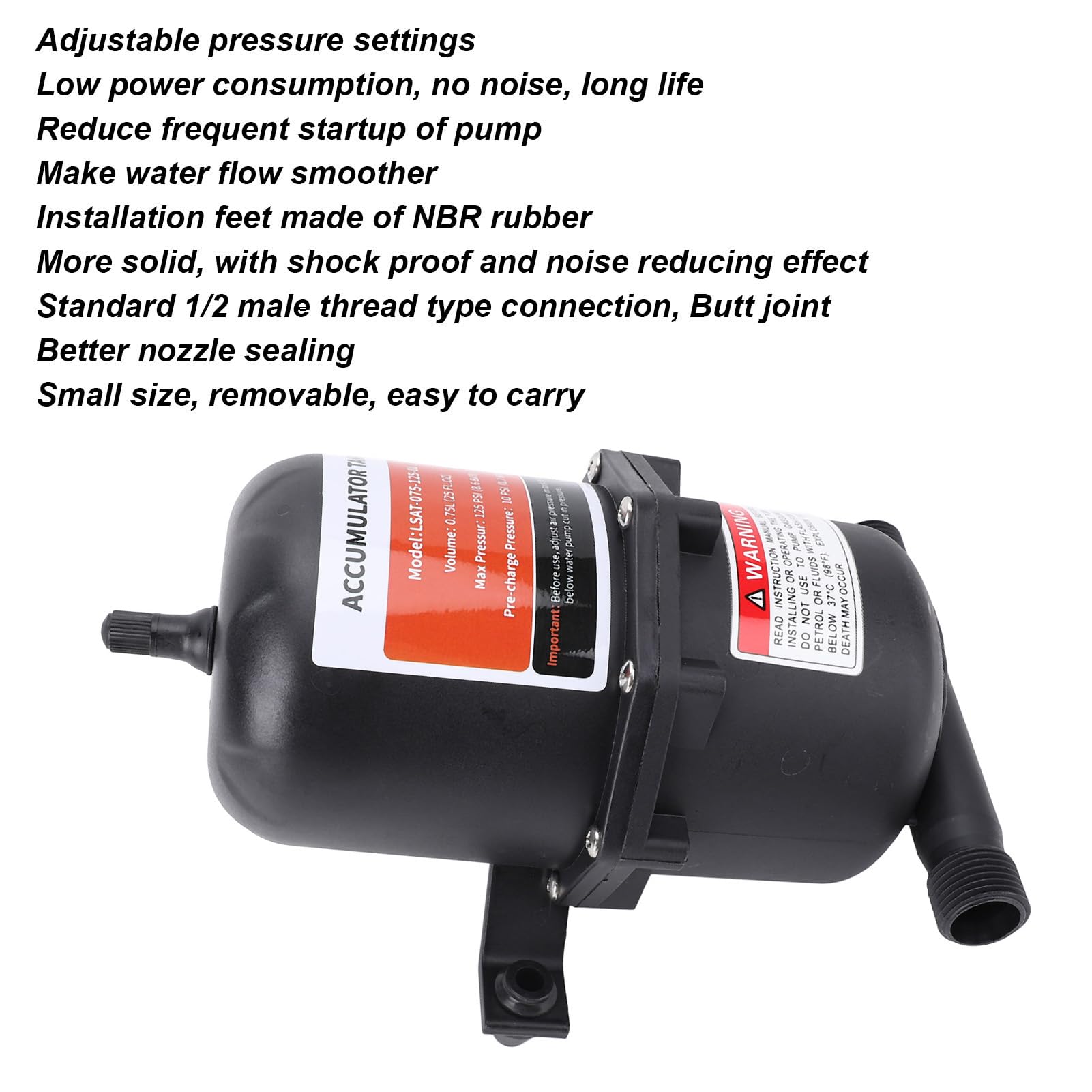 Fockety Réservoir accumulateur pour Pompe à Eau de Camping-Car, 0,75 L, pré-pressurisé, régulateur de débit, 125 PSI, raccord 1/2 MNPT avec 2 Colliers de Serrage et 1 Ruban PTFE pour