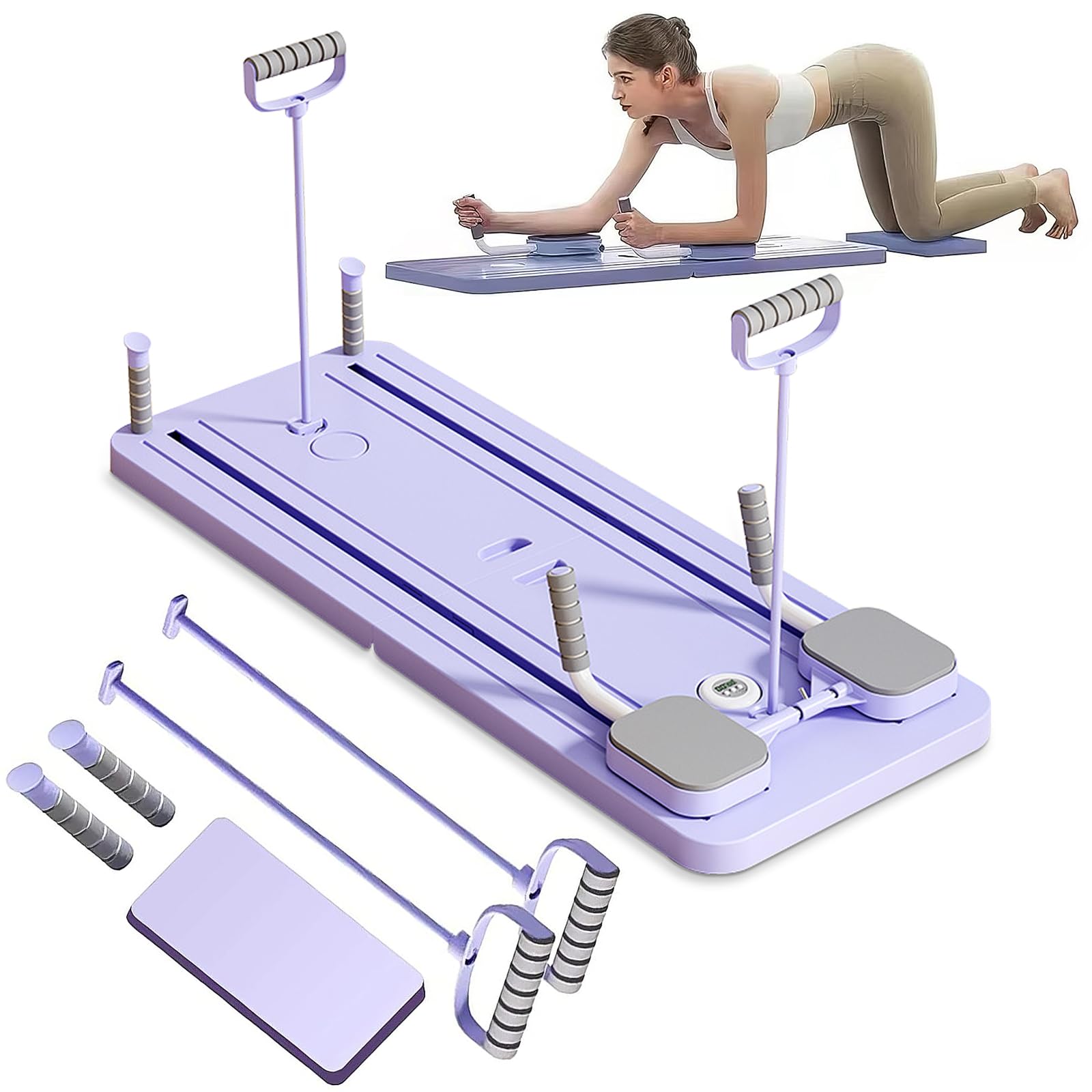 VHV Pilates Reformer Compact, 4 en 1 Pilates Pliable,La roue abdominale push-up rebondit automatiquement Minuterie,Planche Abdominale Pilates Multifonction pour la Maison et la Salle de Sport (Violet)