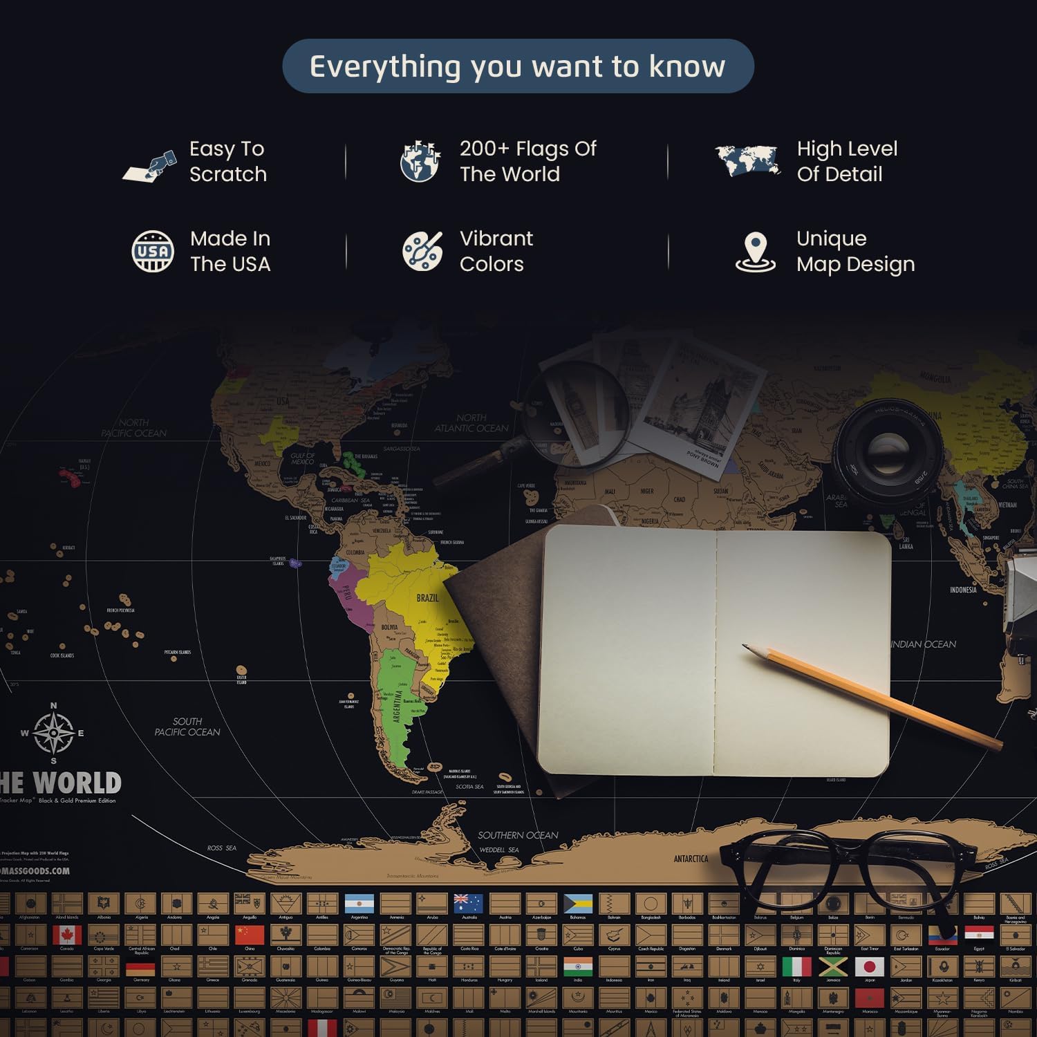 Landmass Mapa del mundo para rascar, decoración de póster grande para viajeros, 91 x 61 cm | La cartografía detallada incluye fronteras de países, banderas y capitales mundiales