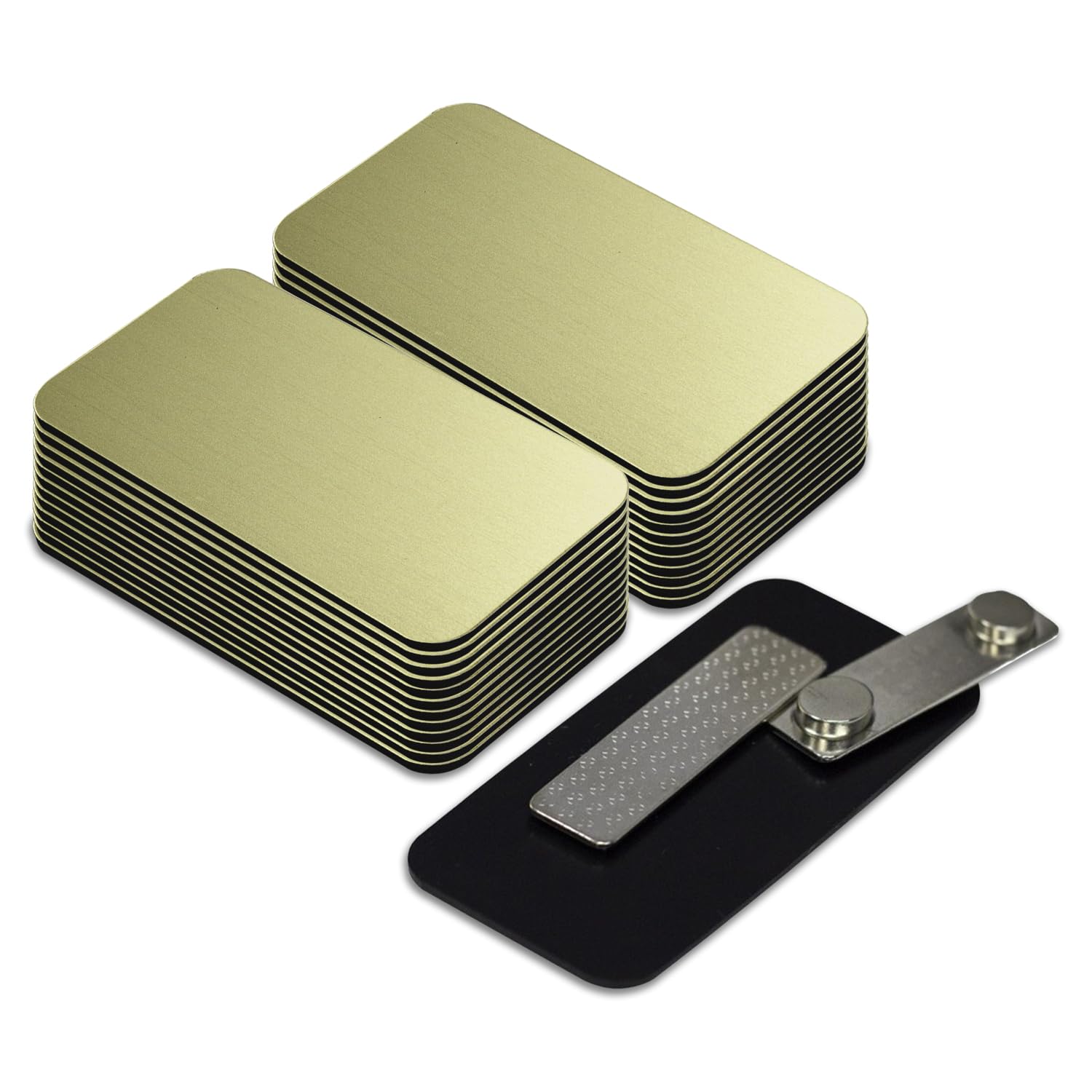 Brushed Gold Name Tag Blanks – 25 Pack, 1.5" x 3", Round Corners, Durable Engravable Badges with Magnetic Backing – All Quality Badges
