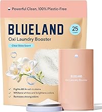 BLUELAND Oxi Laundry Booster Powder with Tin, Starter Set, Clear Skies Scent, 25 Loads, 17.6 oz, Plastic-Free, Eco Friendly, Oxy Cleaner, Stain Remover