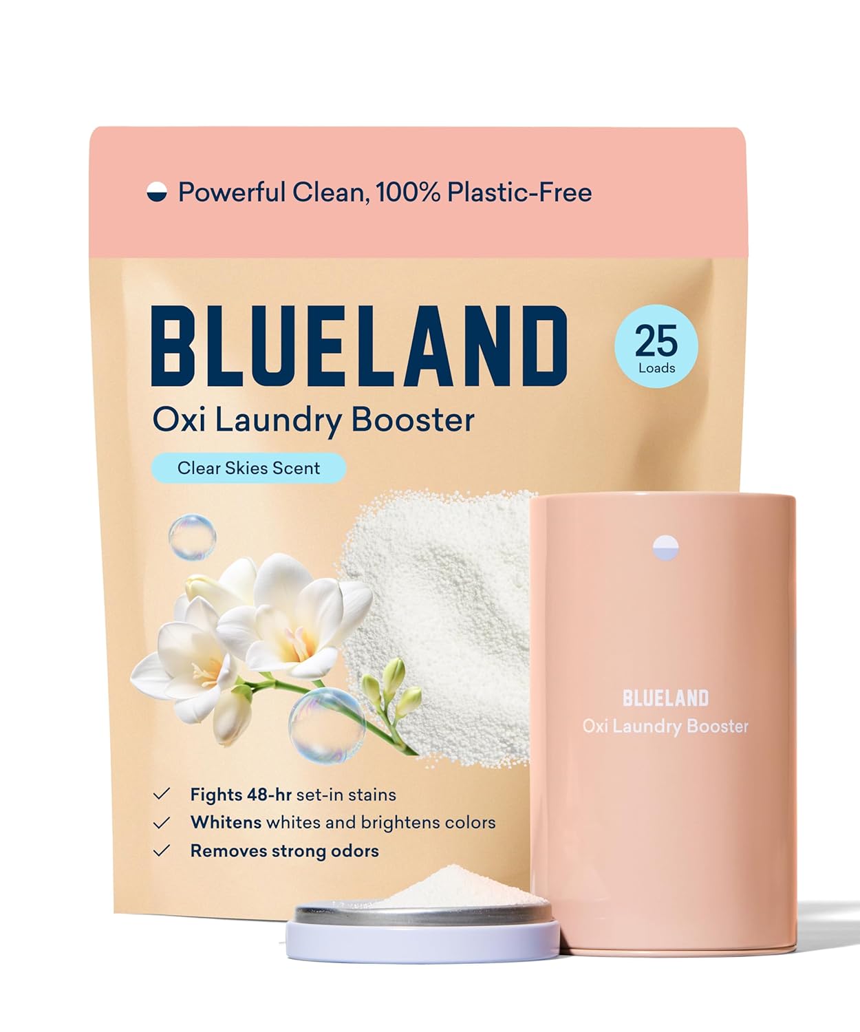 BLUELAND Oxi Laundry Booster Powder with Tin Starter Set Clear Skies Scent 25 Loads 17 6 oz Plastic-Free