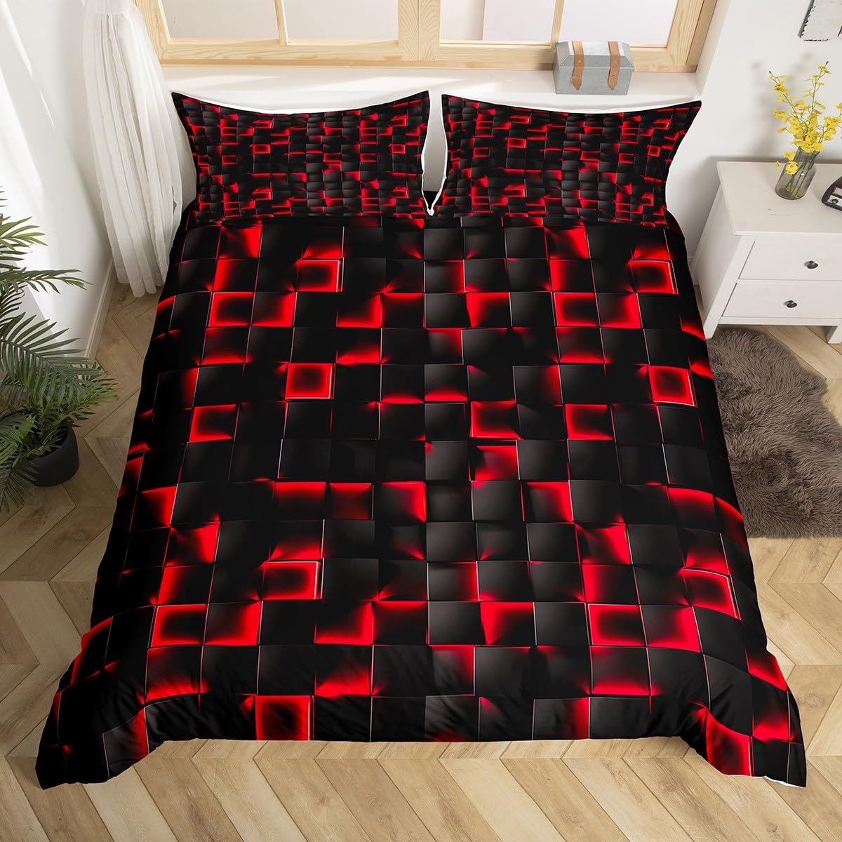 Homewish Boys Red And Black Duvet Cover Single Geometric Checkered Kids Bedding Set Teen Men Gaming Room Decor