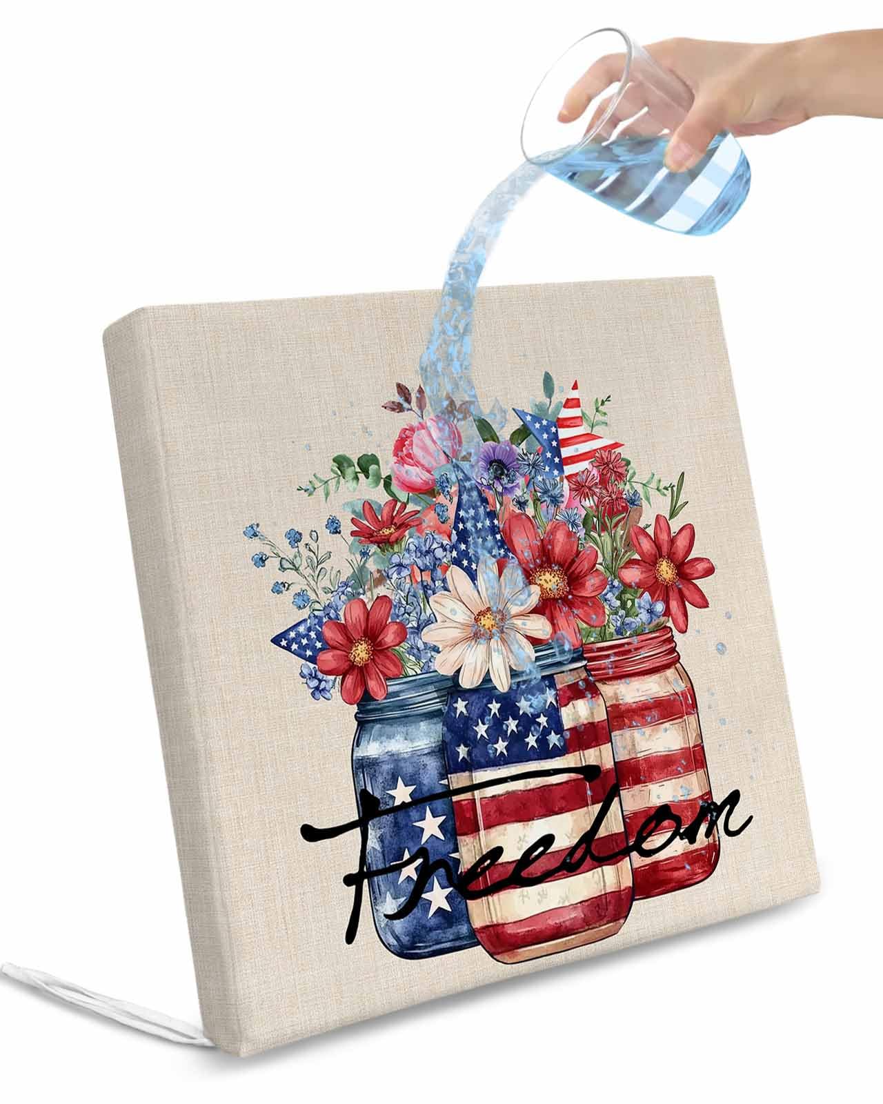 2 Pack 4th of July Waterproof Cushion Covers with Ties, Outdoor Patio Chaise Lounge Chair Seat Cushion Slip Covers Replacement(Only Cover) Red Blue Floral Independence Day Rustic 22