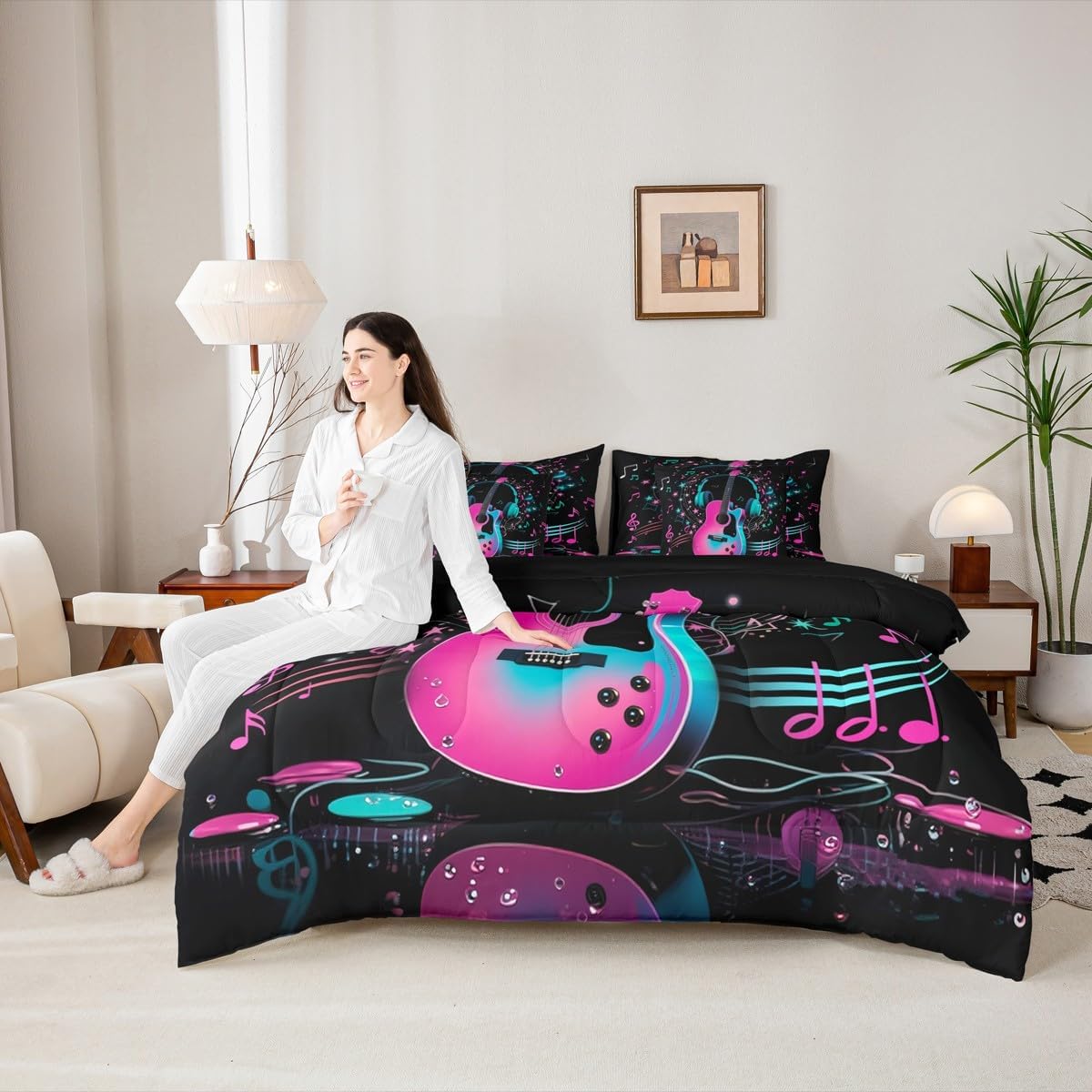 Erosebridal Guitar Music Queen Comforter Set with Sheets 7 Piece Musical Notes Guitar Bed in A Bag Pop Music Theme Bedding Sets for Kids Adults,Fashion Hot Pink Blue Bed Set