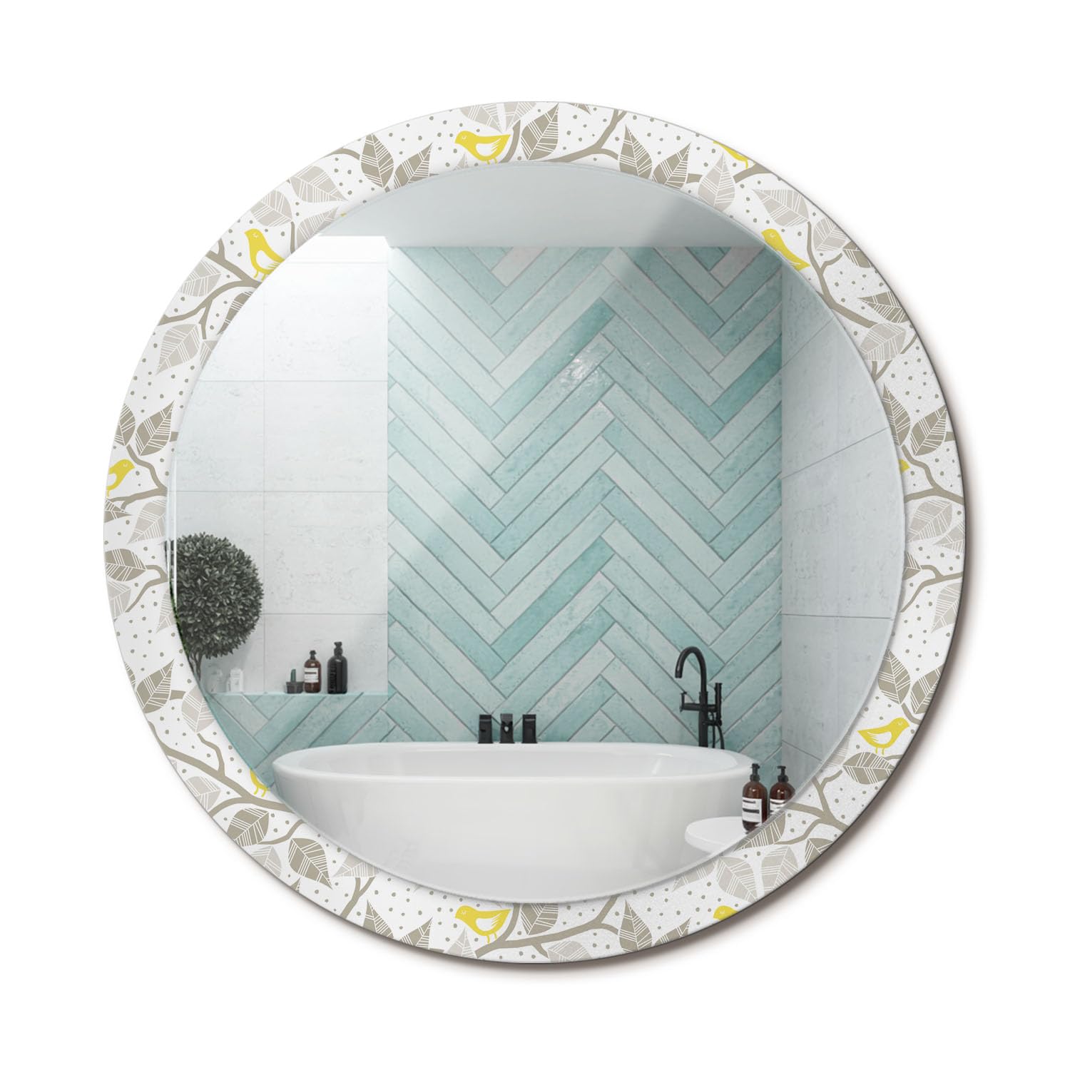 Miroir rond moderne design oiseaux jaunes salon chambre fi100