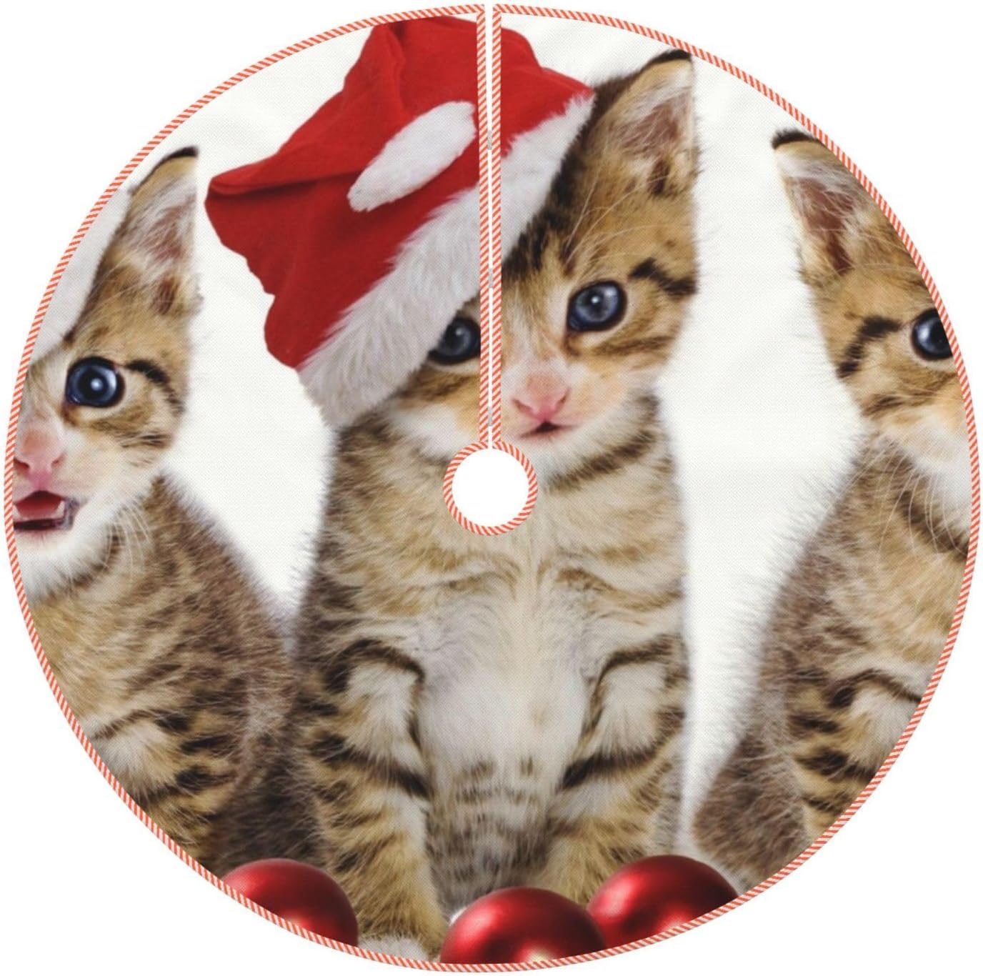 Farmhouse Christmas Tree Skirts Funny Kitten Cat Print Christmas
