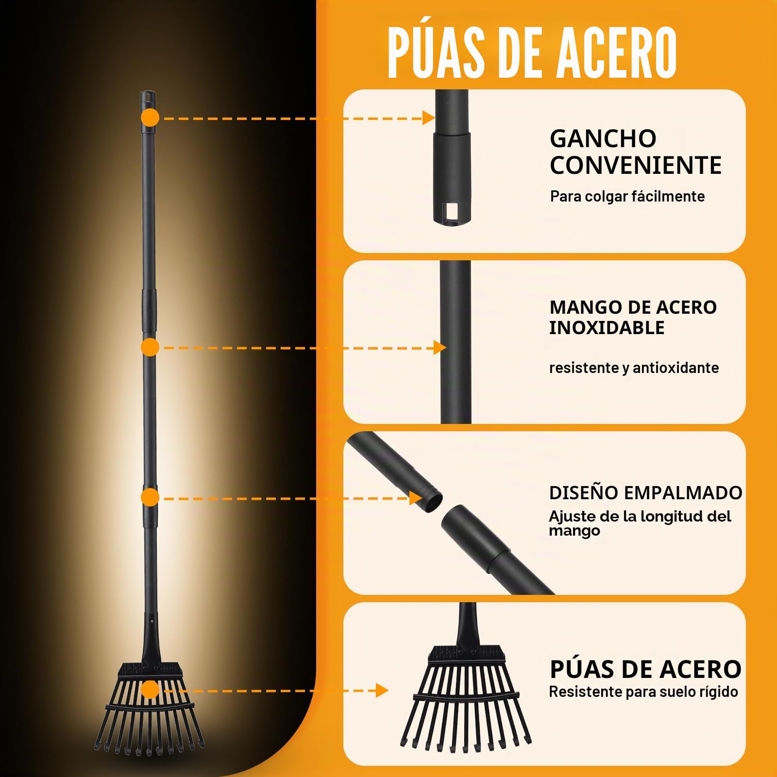 Rastrillo de Jardin pequeño con Mango Ajustable de 160 cm, rastrillo de Mano de Metal Resistente de 11 púas rastrillo de Hojas de jardín para Recoger Hojas, arbustos, matas