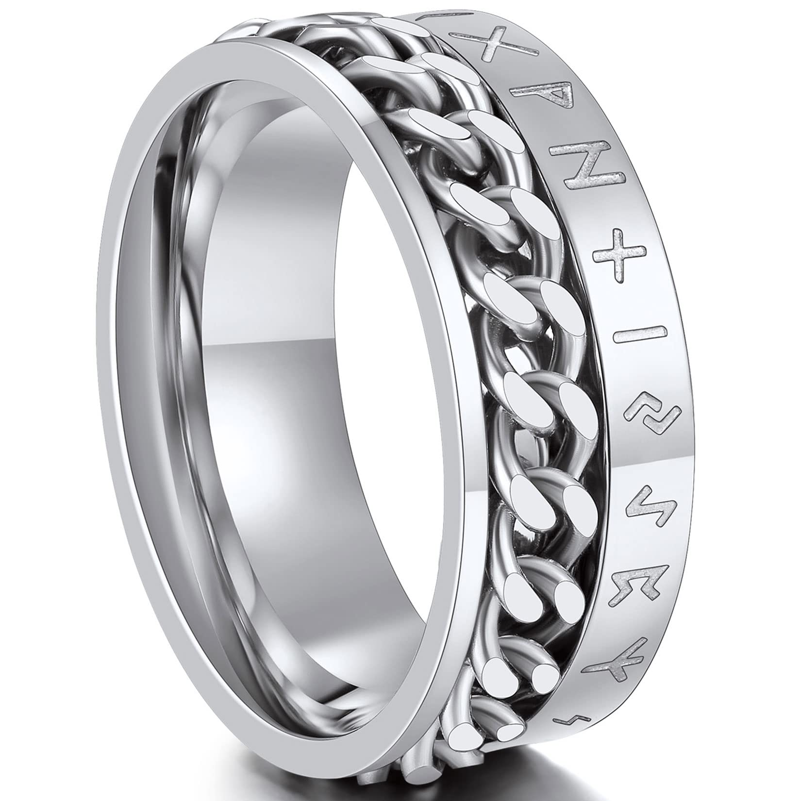 Can Engrave Viking Rune Spinner Rings for Men/Women, Size #7-#14 Chain Link Fidget Ring, Stainless Steel/Gold Plated/Black-Send Gift Box