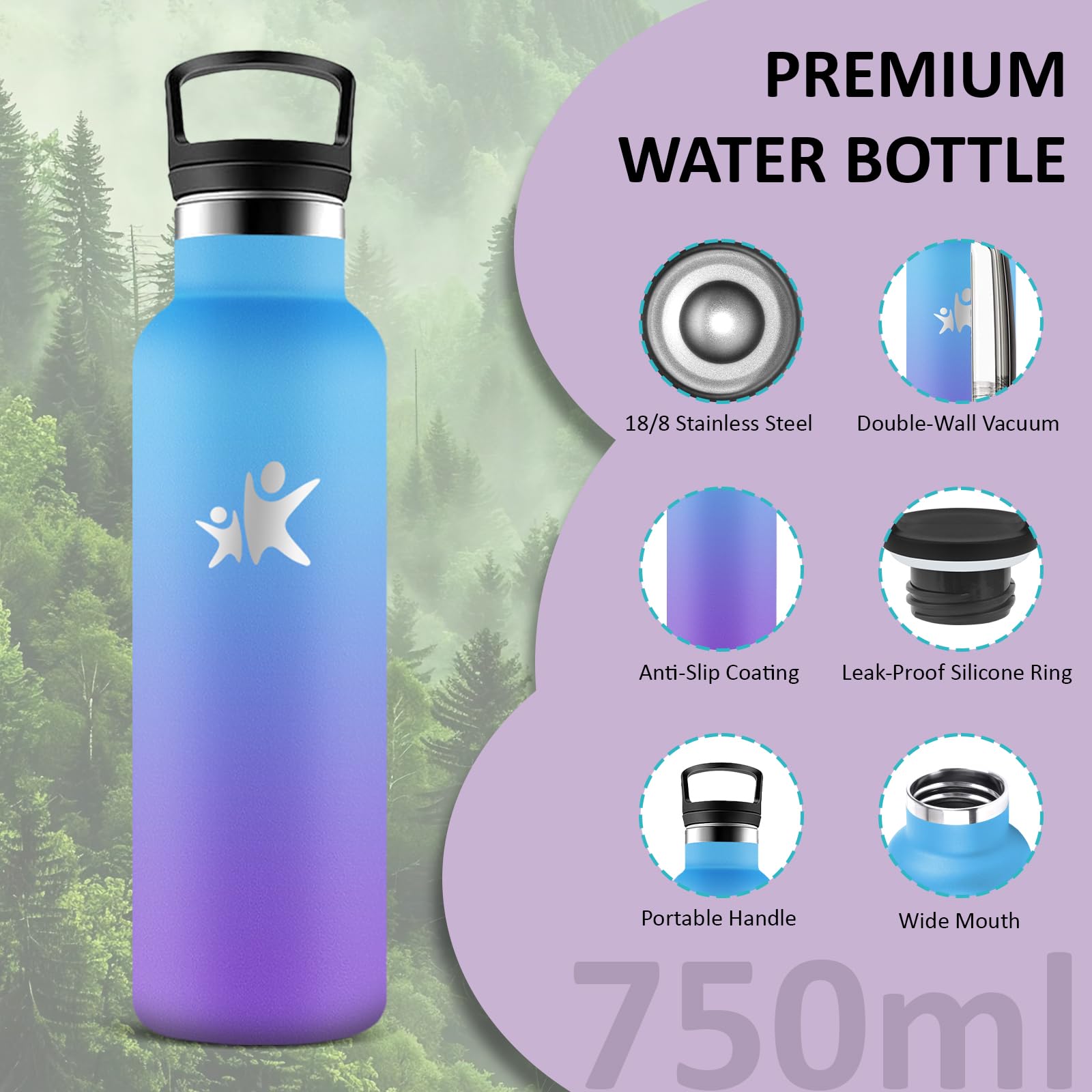 Borraccia 750 ml, Borraccia Termica Senza BPA, Borracia con Cannuccia, Senza Perdite, Bottiglia Termica, Isolato Sottovuoto, Borracce Termiche per Campeggio, Viaggio, Corsa, Fitness, Palestra