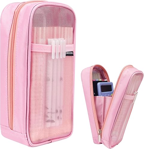 Fmeida Estuche de malla para lápices de rejilla, bolsa para lápices mejorada con 4 compartimentos, bolsa transparente para lápices para adultos,