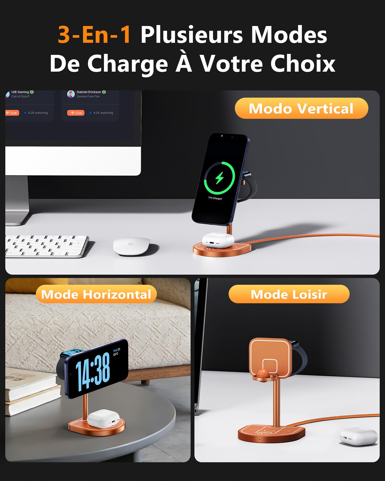 KUXIU X85 Turbo Qi2.2 25W Chargeur Induction 3 en 1, Station de Charge Magnétique, Aluminium Chargeur Sans Fil pour iPhone17-12/Apple Watch/Airpods, Design à Thème Basketball, avec 45W Adapter, Orange
