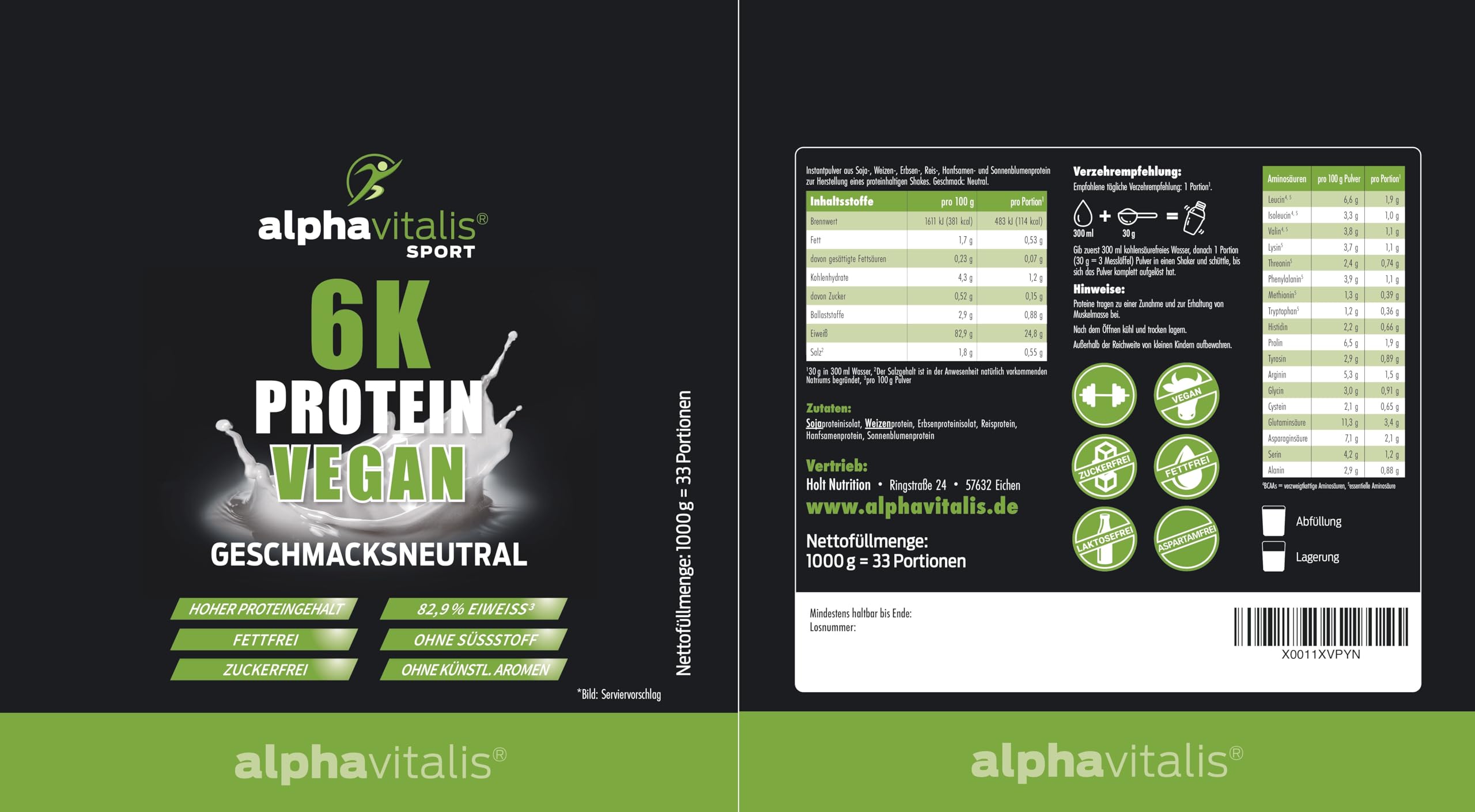 PROTEINPULVER VEGAN Neutral ohne Süßungsmittel- 6K Mehrkomponentenprotein 1 Kg pflanzlicher Eiweiß Shake zuckerfrei fettfrei laktosefrei - ideal zum Kochen & Backen - Eiweißpulver vegan ohne Süßstoff